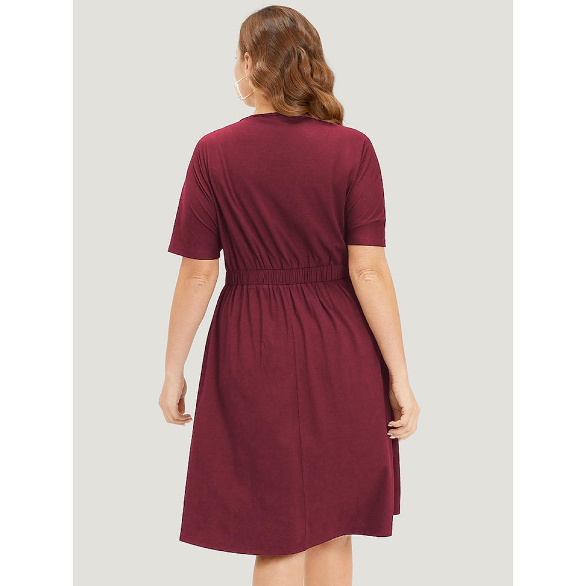 Plus Size Supersoft Essentials Contrast Button Detail Shirred Pocket Dress Scarlet Women Casual Plain V-neck Short sleeve Curvy Midi Dress BloomChic 18-20/2X Product Image