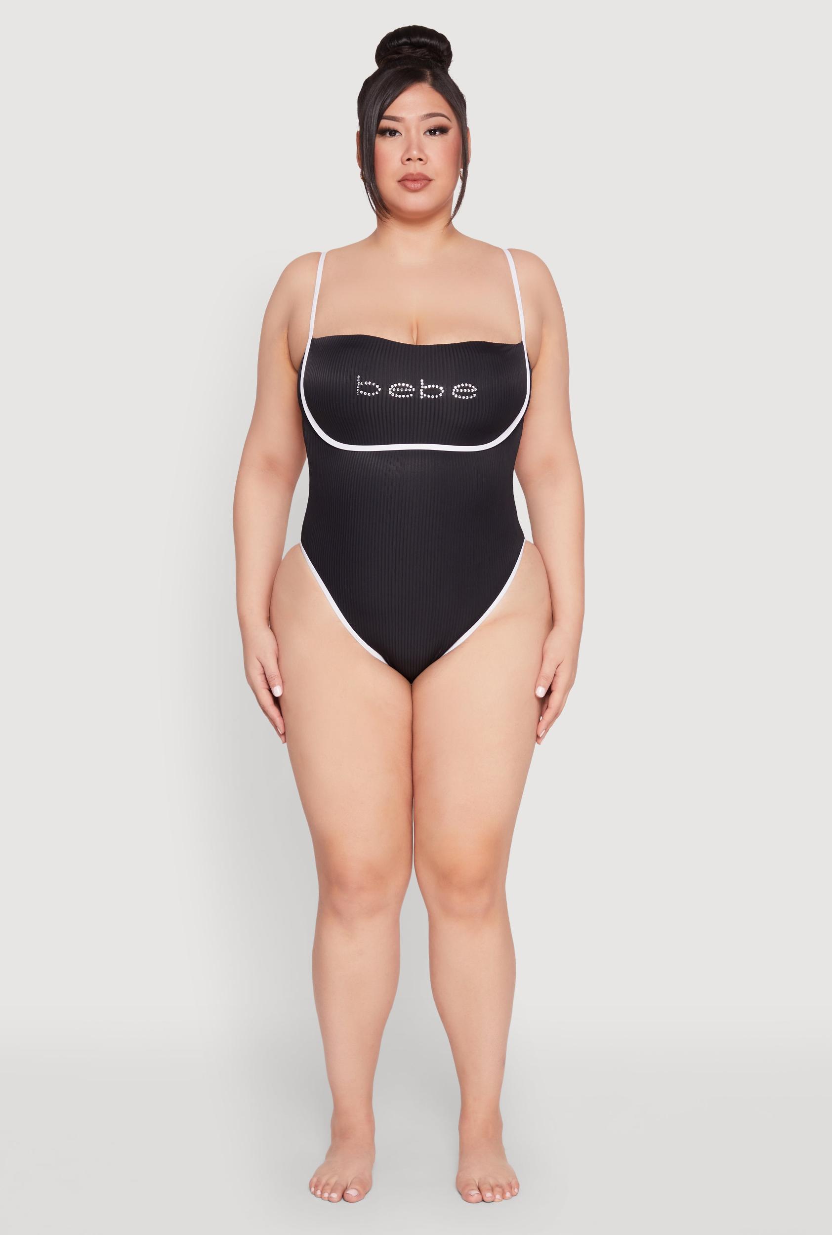 Womens Plus Size Bebe Rhinestone Tie Back One Piece Swimsuit Product Image