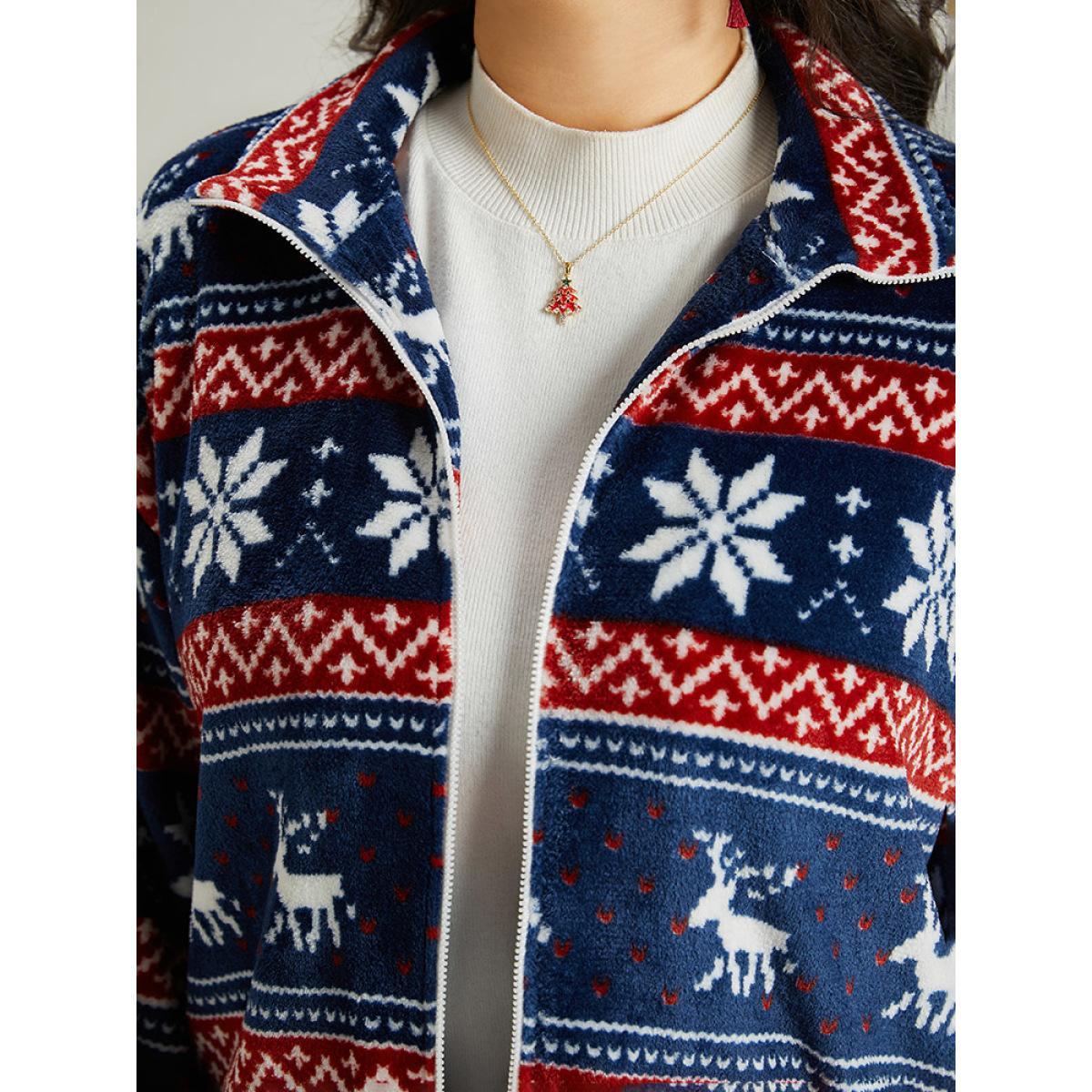 Plus Size Christmas Contrast Zipper Elastic Cuffs Jacket Women Indigo Elastic cuffs Dailywear Jackets BloomChic 28/5X Product Image