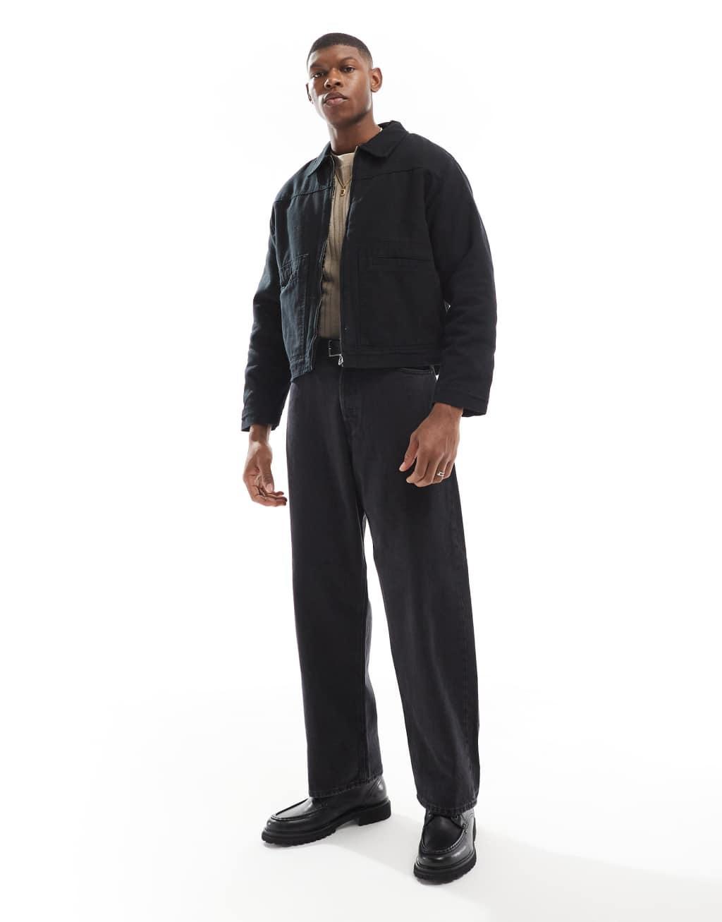 Pull&Bear boxy fit zip up jacket in black Product Image