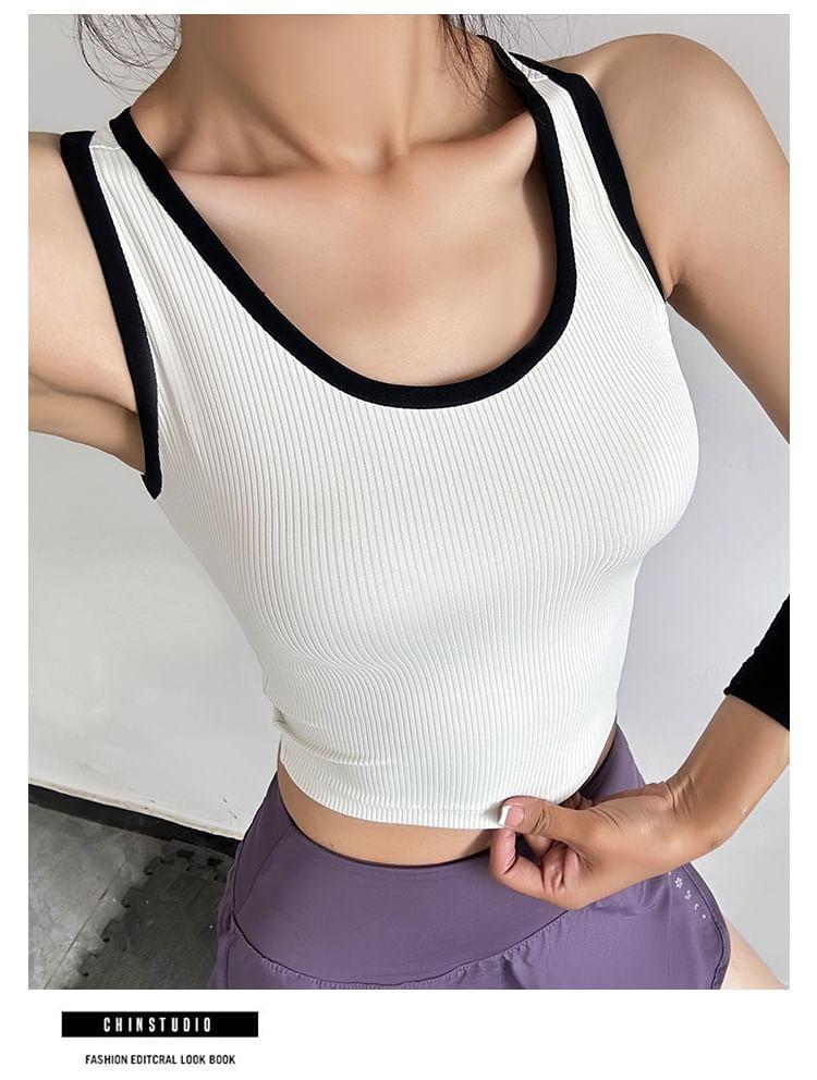 Scoop Neck Contrast Trim Padded Racerback Crop Sports Tank Top Product Image