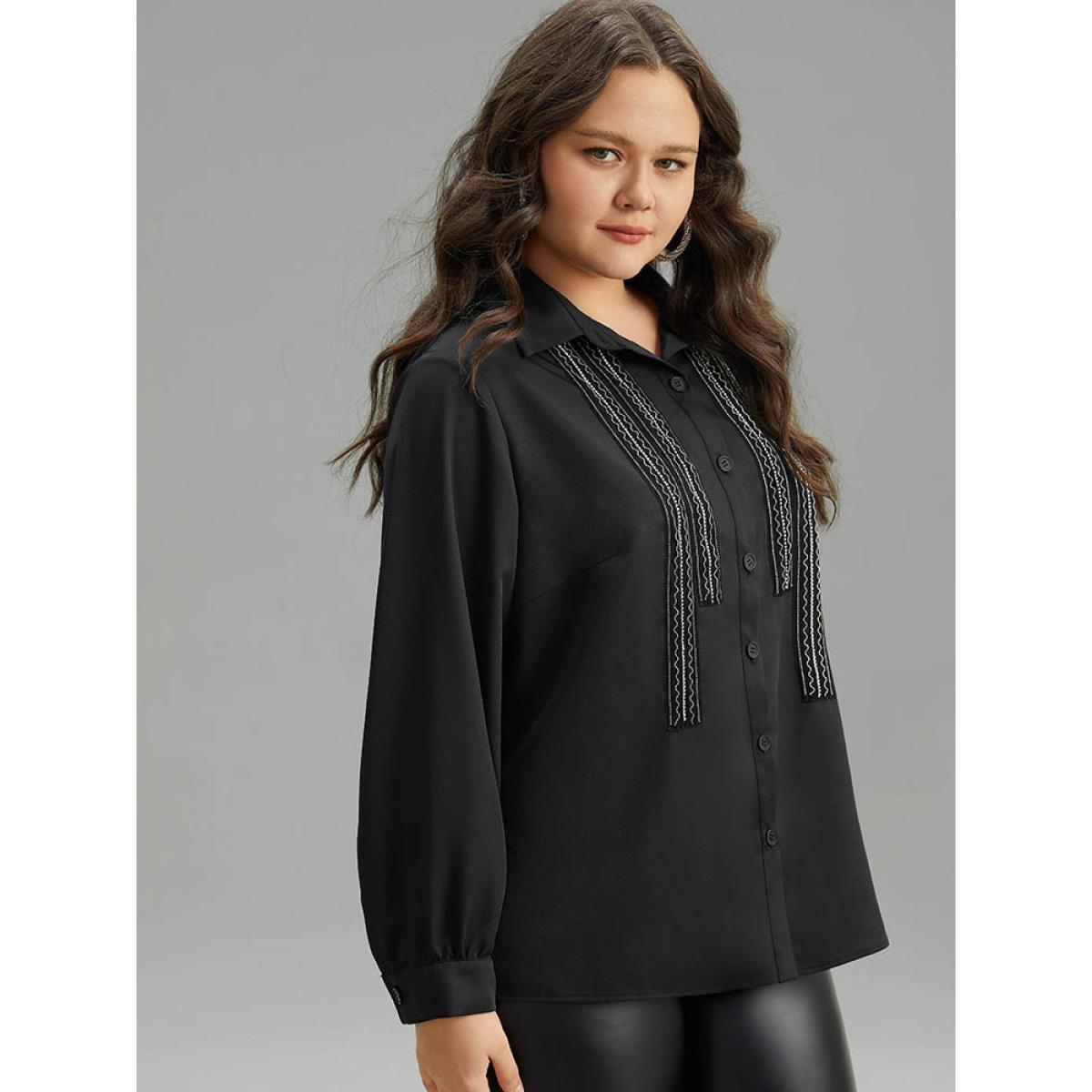 Plus Size Black Twill Rhinestone Contrast Webbing Button Through Blouse Women Glamour Long Sleeve Shirt collar Going out Blouses BloomChic 26/4X Product Image