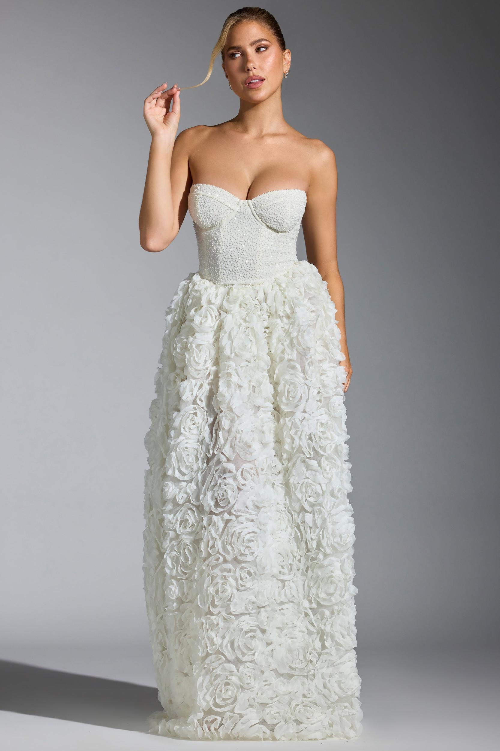 Embellished Floral-Appliqué Corset Gown in White Product Image