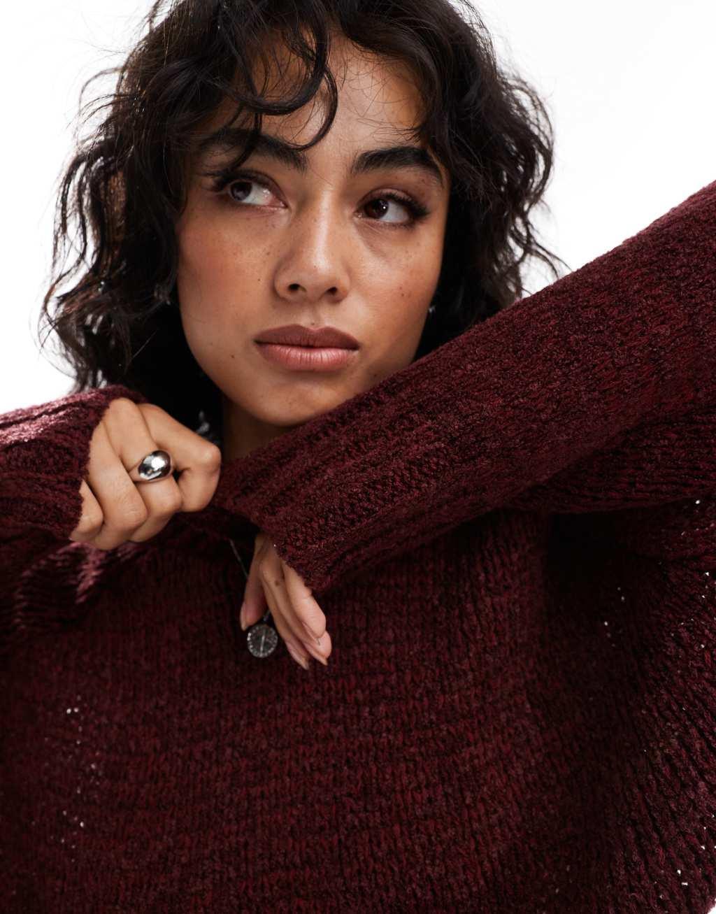 ASOS DESIGN knit crew neck loose knit boucle sweater in burgundy  Product Image