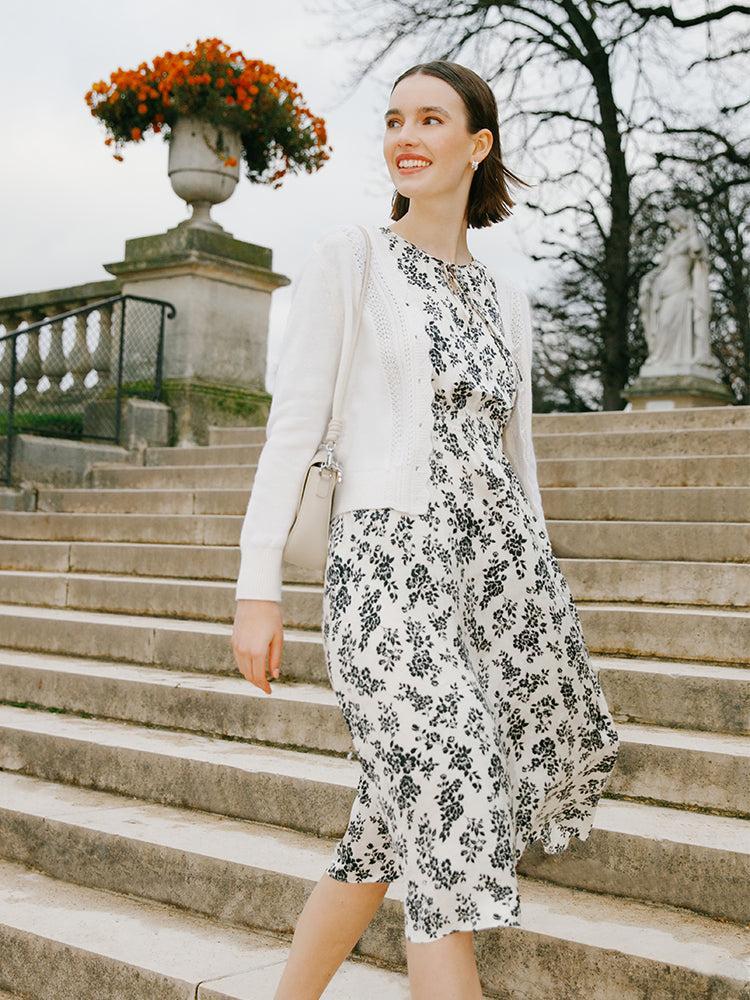 Camellia Print Gathered Waist Women Midi Dress Product Image