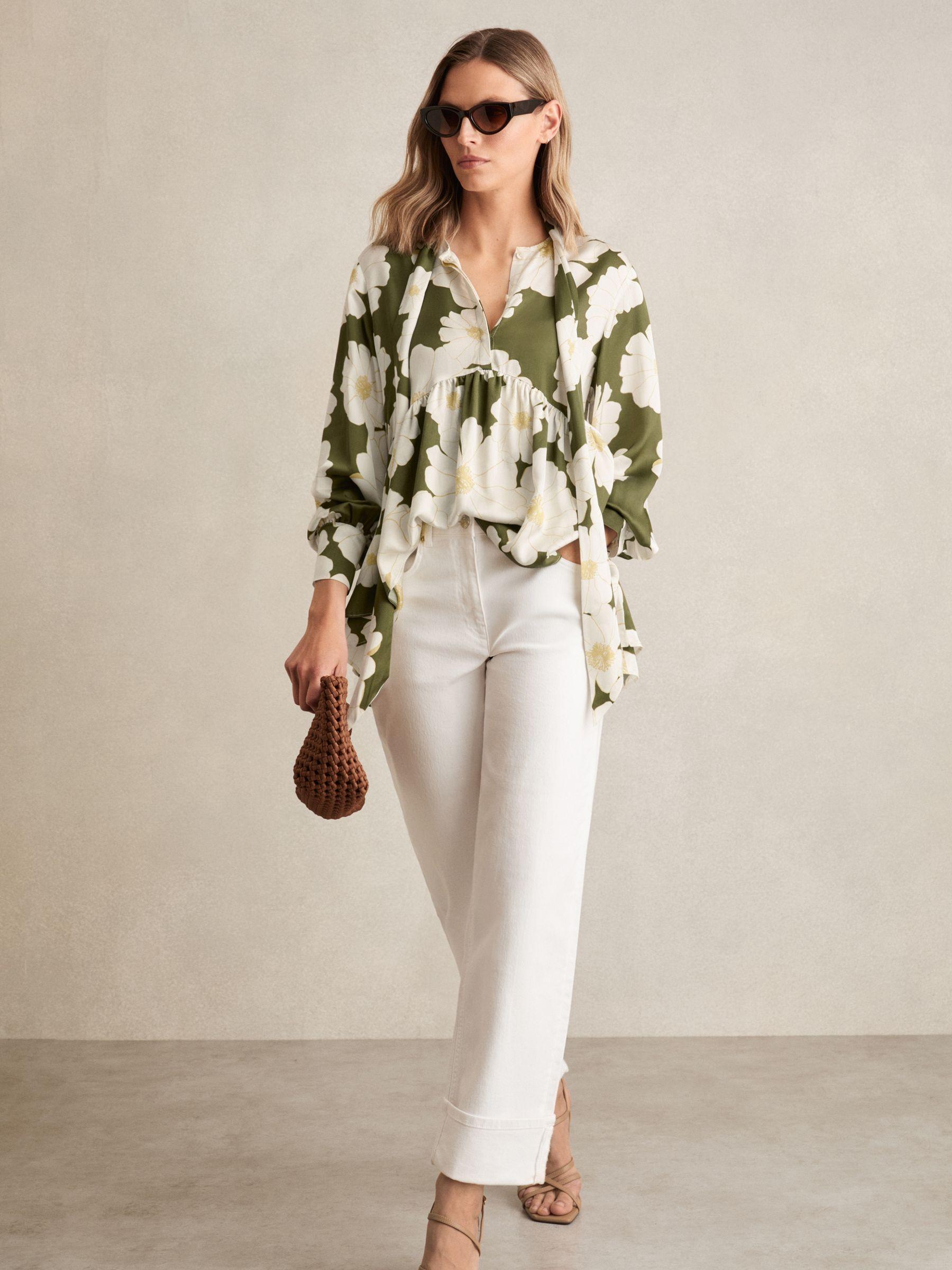 Floral Tie-Neck Swing Blouse in Ivory/Green Product Image