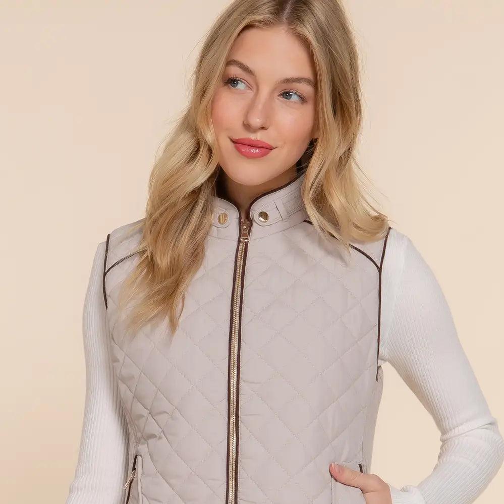 Women's White Suede Piping Detail Rib Quilted Padding Vest Female Product Image
