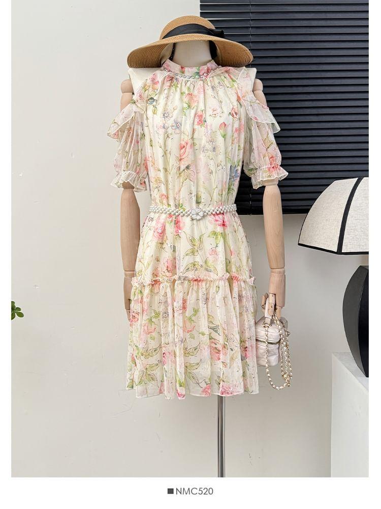 Cutout-Shoulder Floral-Print A-Line Dress in 6 Colors Product Image