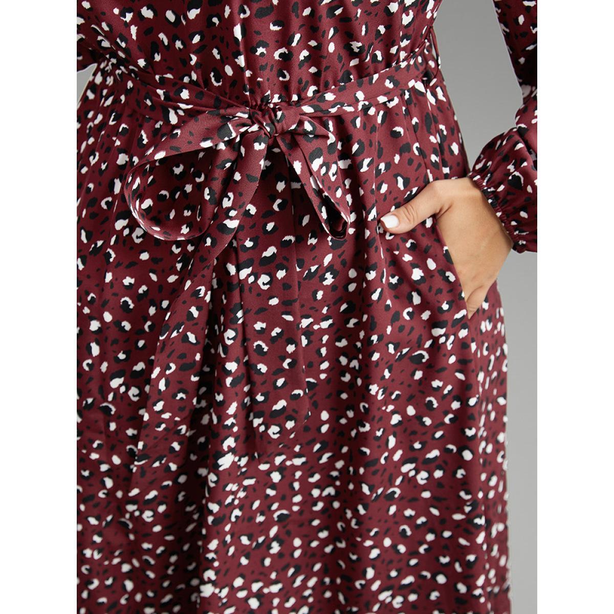 Plus Size Allover Print Elastic Cuffs Frill Trim Belted Dress Burgundy Women Elegant Elastic cuffs Mock Neck Long Sleeve Curvy Midi Dress BloomChic 28/5X Product Image