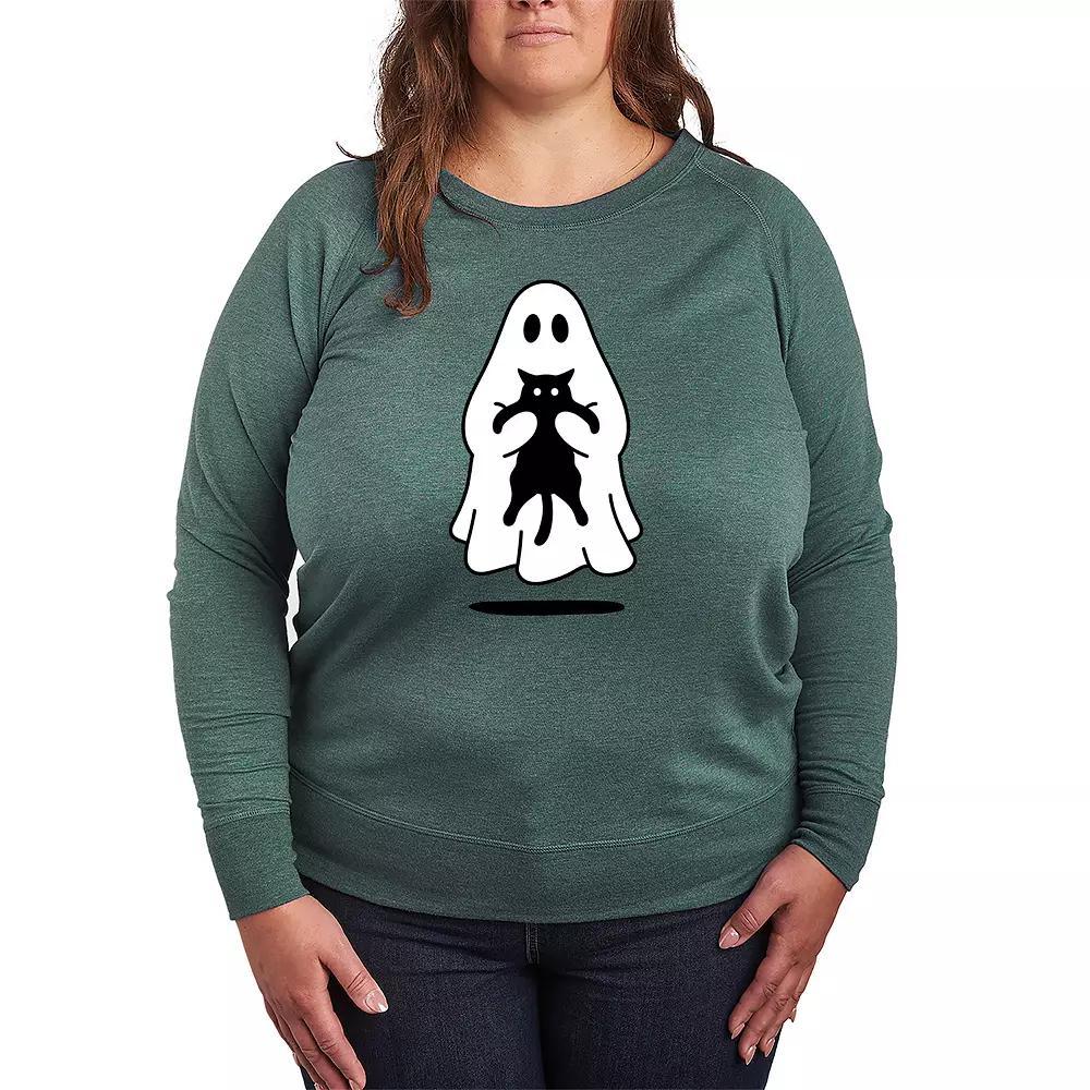 Plus Size Ghost Holding Black Cat French Terry Long Sleeve Tee, Womens Product Image