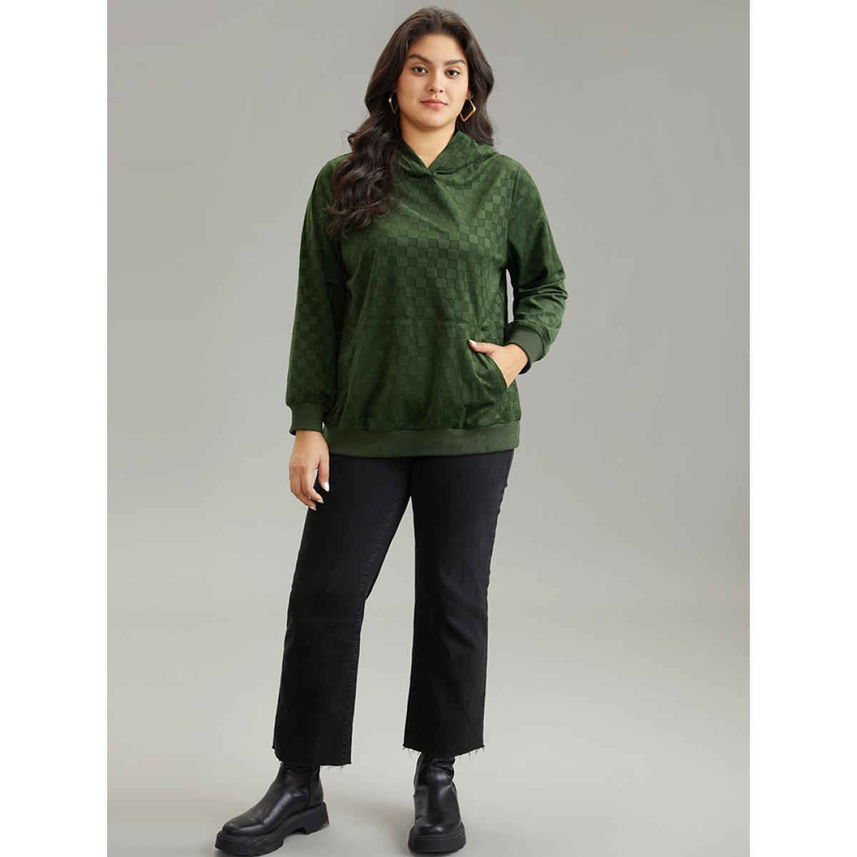 Plus Size Solid Velvet Checkered Hooded Pocket Sweatshirt Women Green Casual Texture Hooded Dailywear Sweatshirts BloomChic 28/5X Product Image