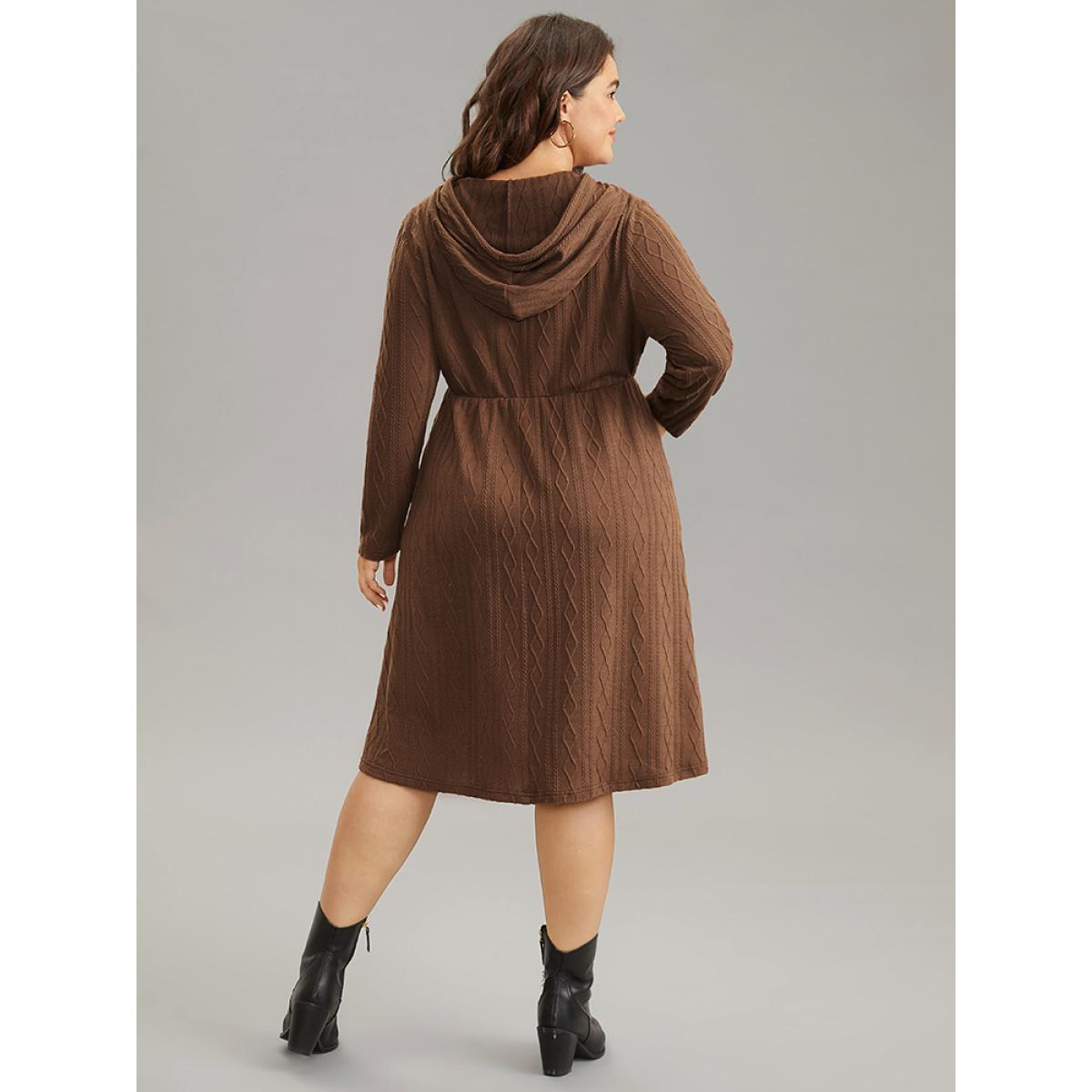 Plus Size Plain Texture Jacquard Hooded Cable Knit Dress Chocolate Women Casual Texture Hooded Long Sleeve Curvy Midi Dress BloomChic 28/5X Product Image