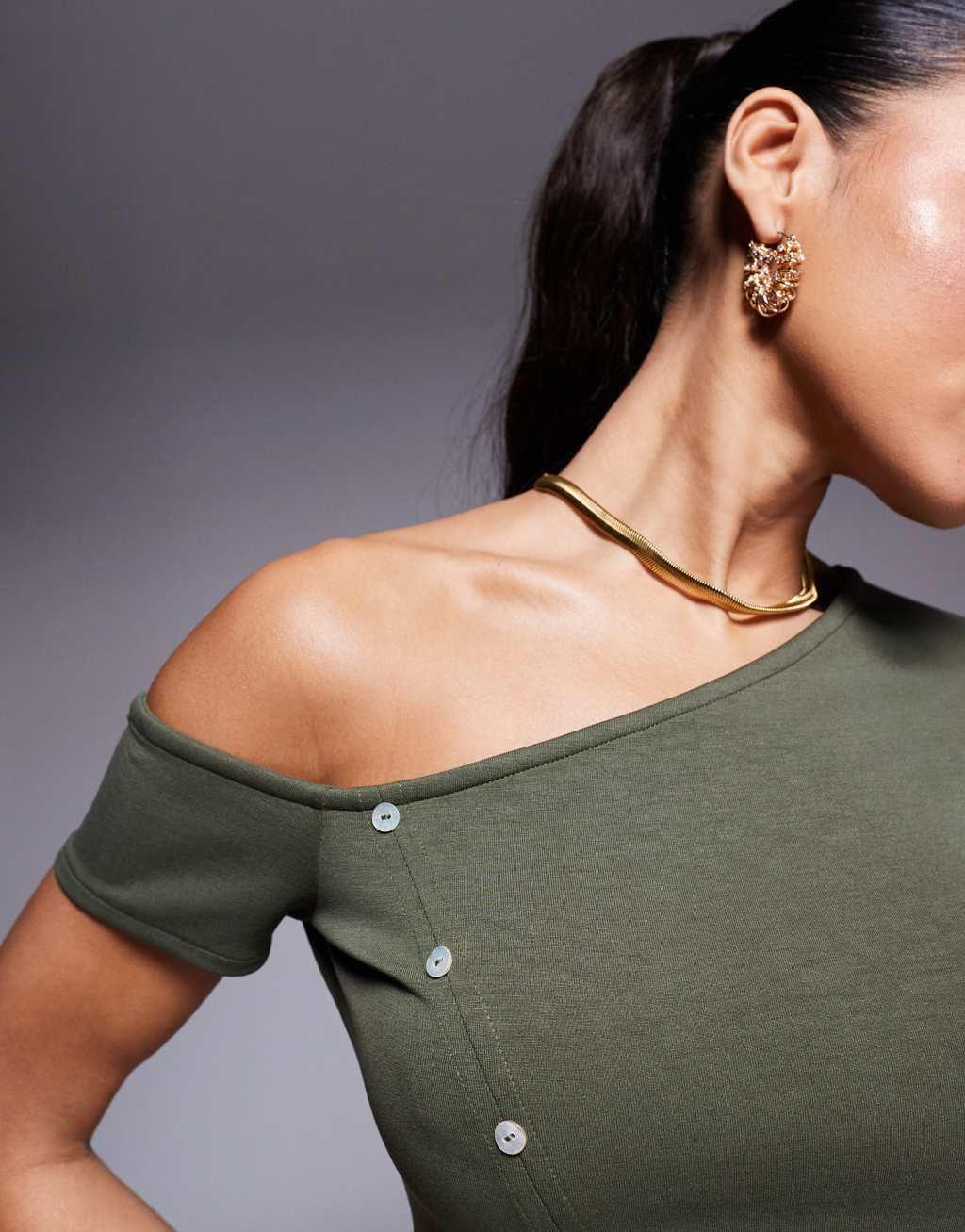 ASOS DESIGN off-shoulder button down cupro T-shirt in khaki Product Image