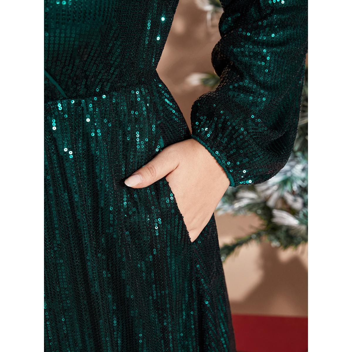 Plus Size Solid Pocket Lantern Sleeve Wrap Sequin Dress DarkGreen Women Party Pocket Overlap Collar Long Sleeve Curvy Midi Dress BloomChic 12/L Product Image