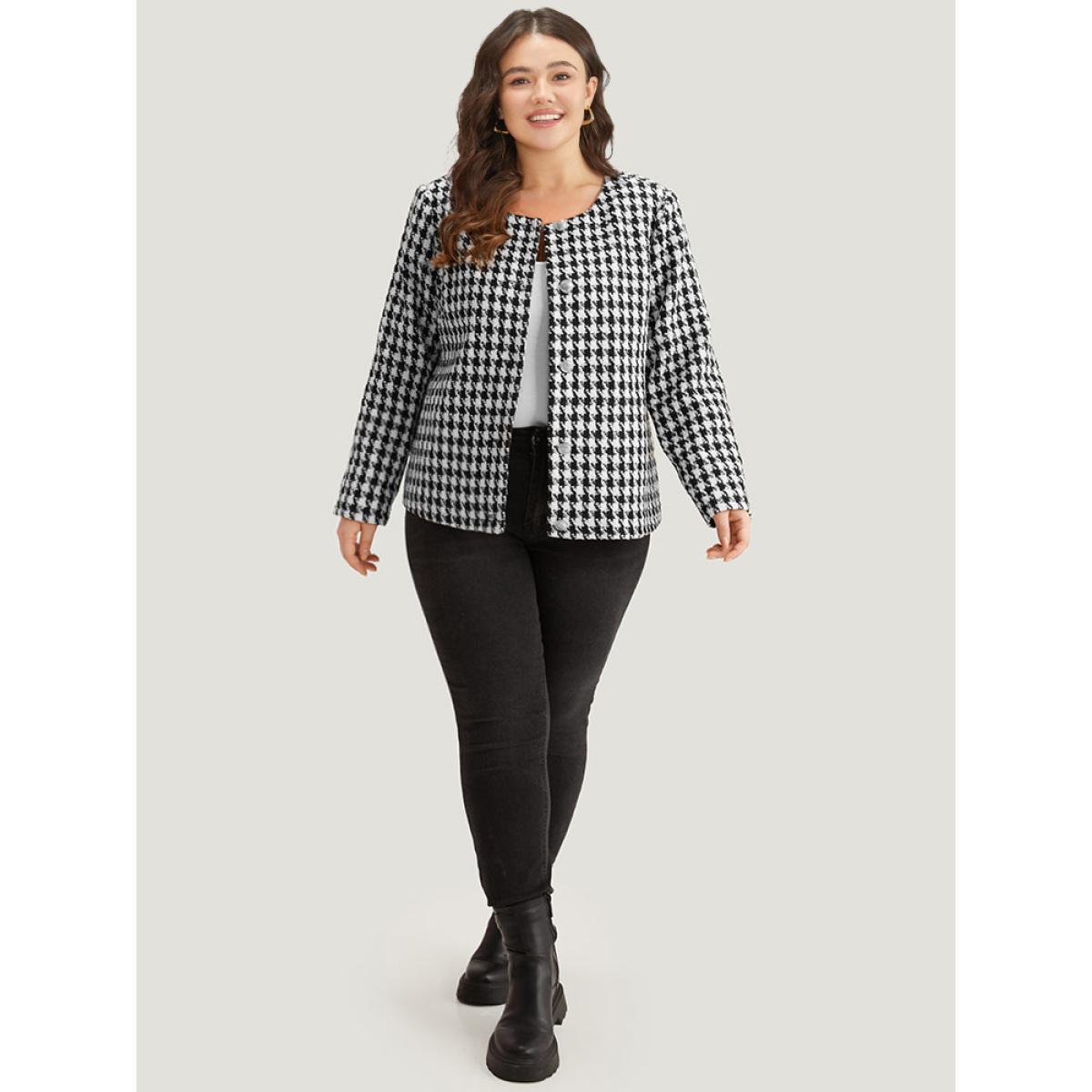 Plus Size Houndstooth Button Through Blazer Women Black Casual Texture Ladies Dailywear Winter Coats BloomChic 22-24/3X Product Image