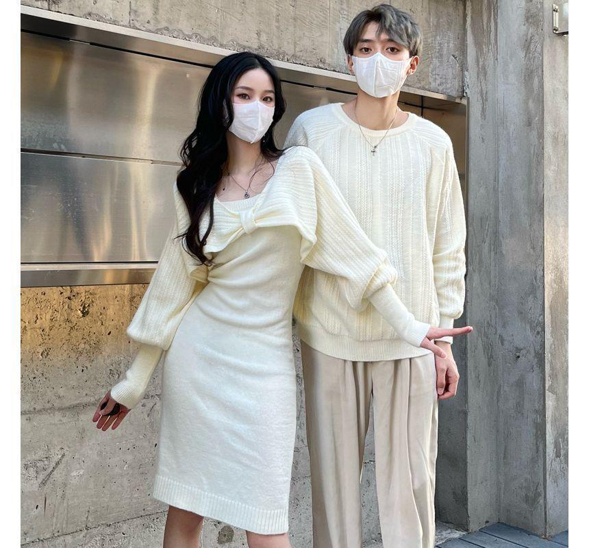 Couple Matching Long-Sleeve Plain Bow Shrug / Sleeveless Square Neck Knit Midi Sheath Dress / Crew Neck Ribbed Sweater / Set Product Image