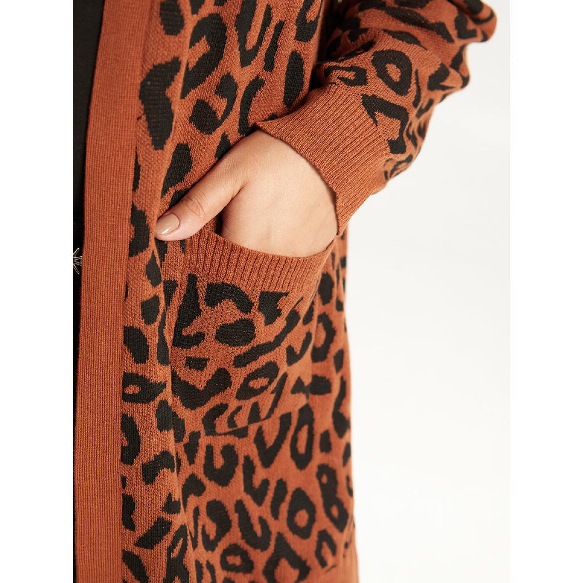 Plus Size Halloween Leopard Print Patched Pocket Split Side Cardigan Leopard Women Casual Loose Long Sleeve Festival-Halloween Cardigans BloomChic 10/M Product Image
