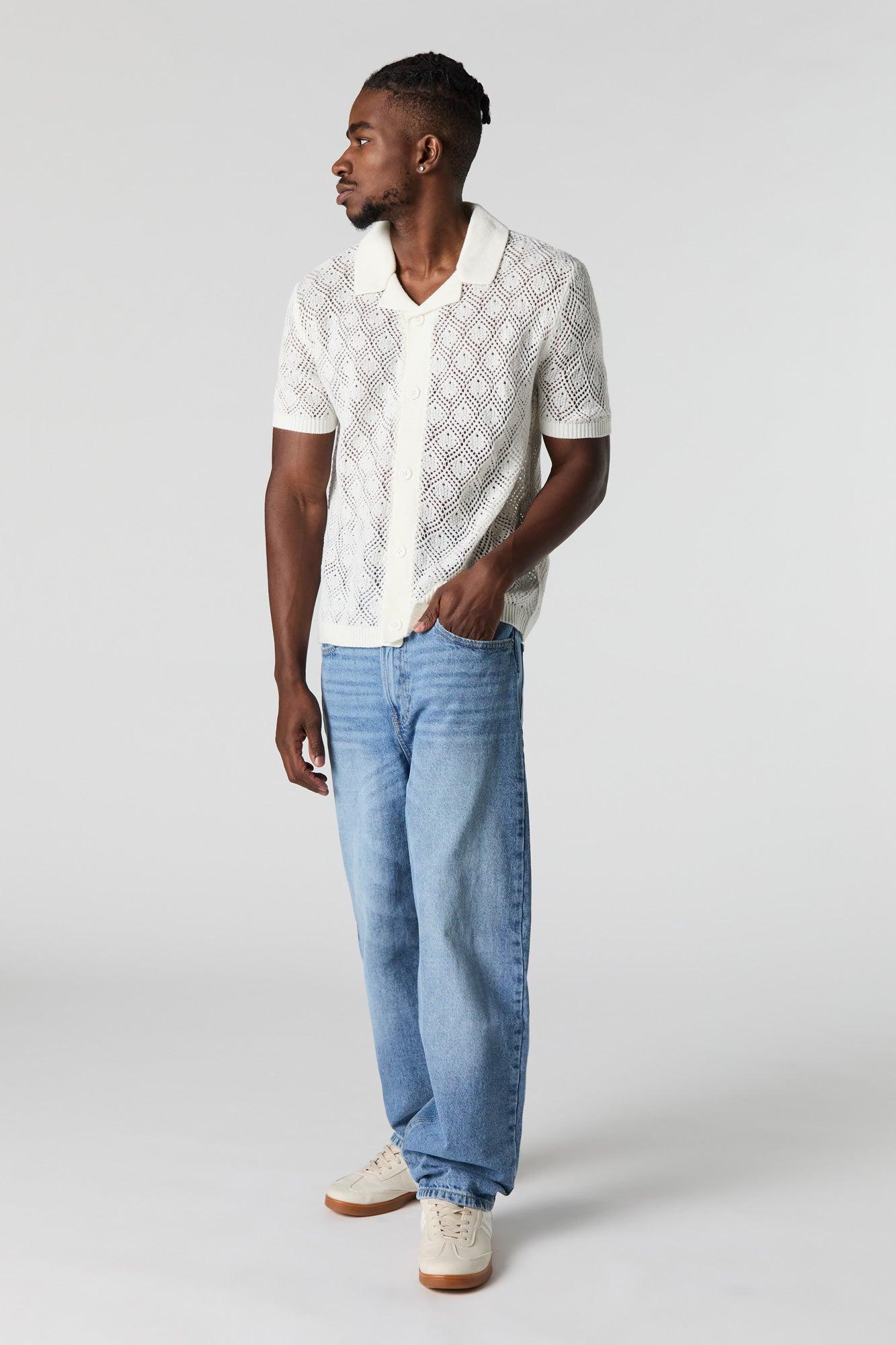 Crochet Knit Button-Up Top Male Product Image