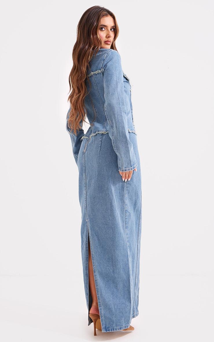 Light Blue Wash Freyed Pannel Detail Lace Up Maxi Denim Dress Product Image
