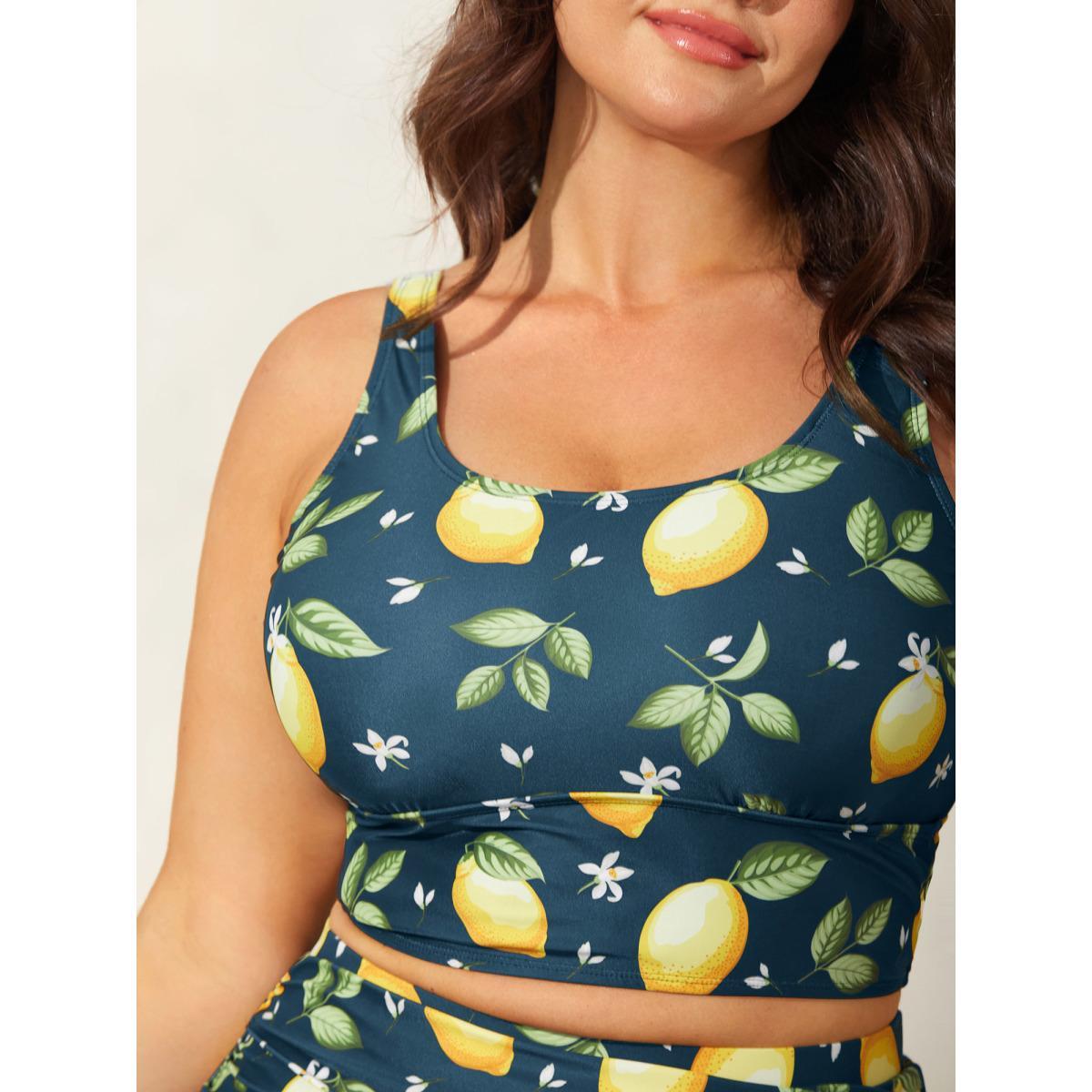 Plus Size Lemon Print Scoop Neck Swim Top Women's Swimwear Aegean Beach High stretch Skinny U-neck Curve Swim Tops BloomChic 12/L Product Image