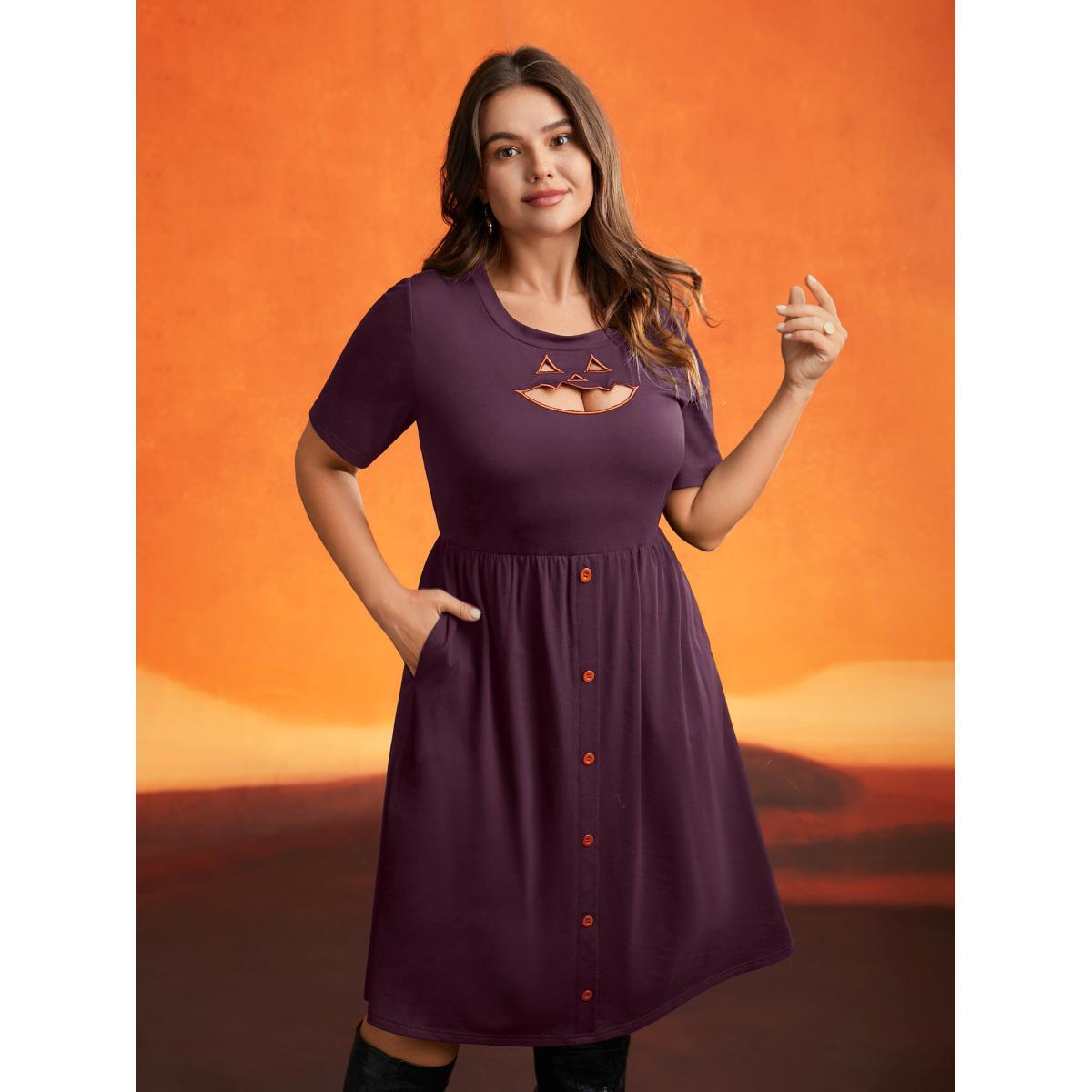 Plus Size Stretch Fabric Pumpkin Cut Out Midi Dress Deeppurplered Women Cocktail Button Party Curvy Bloomchic 30/6X Product Image