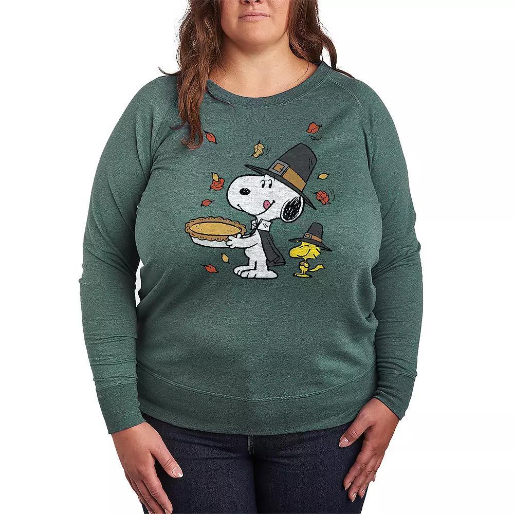 Plus Size Peanuts Snoopy & Woodstock Thanksgiving French Terry Long Sleeve Tee, Womens Grey Green Product Image
