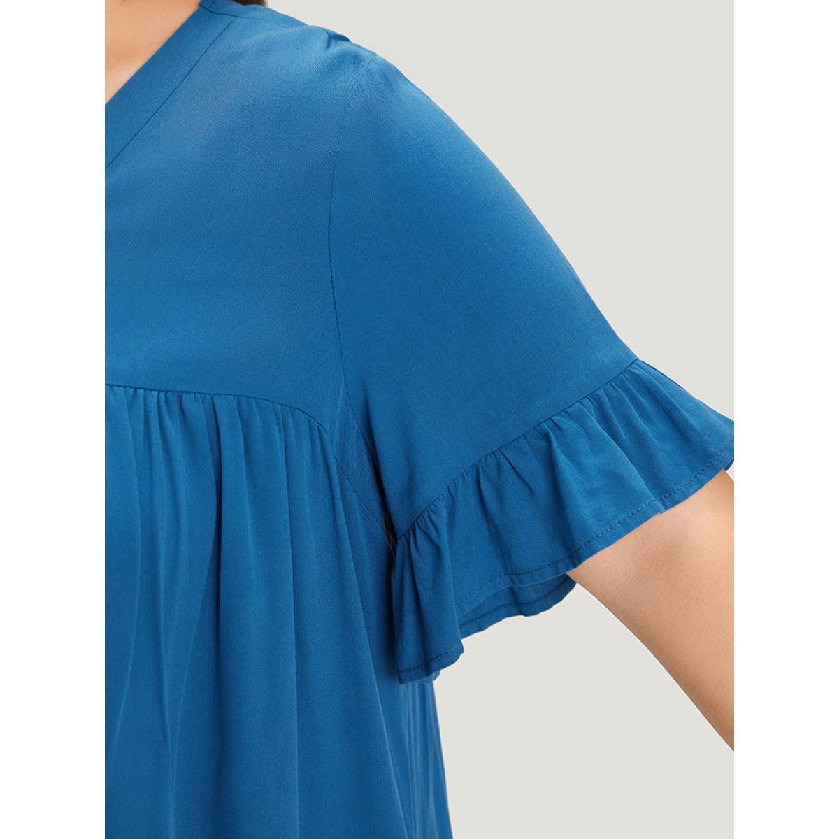 Plus Size Aegean Solid Flutter Trim Pleated Button Detail Blouse Women Office Short sleeve V-neck Work Blouses BloomChic 12/L Product Image