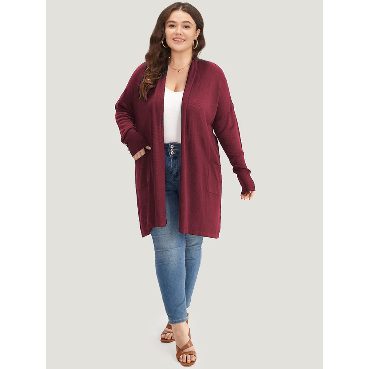 Plus Size Supersoft Essentials Button Detail Lapel Collar Cardigan Burgundy Women Basics Loose Long Sleeve Everyday Cardigans BloomChic 22-24/3X Product Image