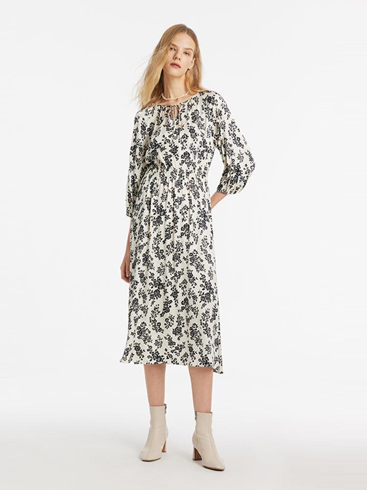 Camellia Print Gathered Waist Women Midi Dress Product Image