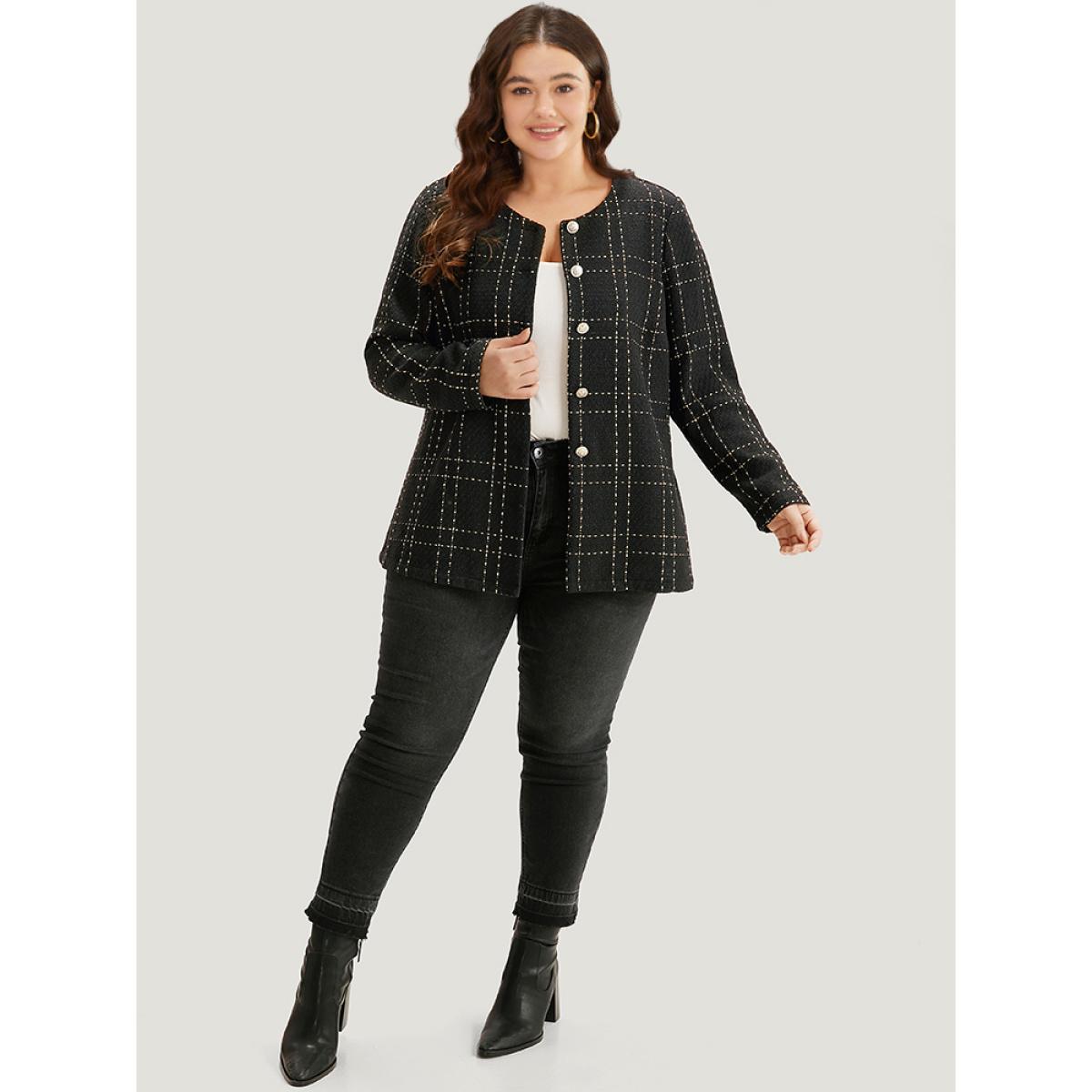Plus Size Plaid Pattern Button Up Crew Neck Coat Women Black Casual Texture Ladies Dailywear Winter Coats BloomChic 22-24/3X Product Image