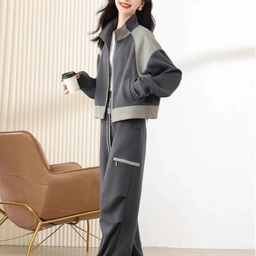 Set: Two Tone Zip-Up Jacket + High Rise Wide Leg Pants Product Image