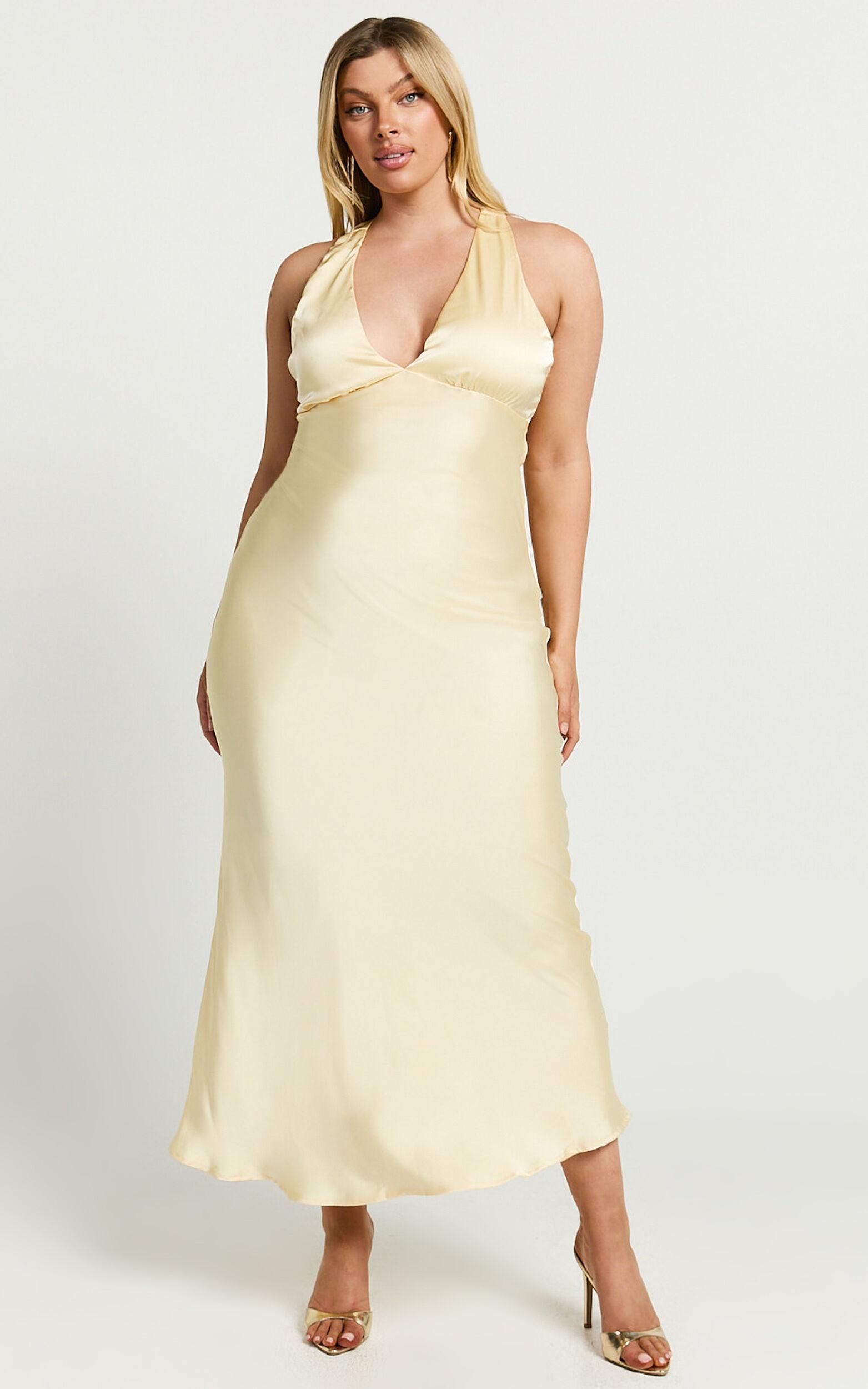 Khalani Midi Dress - Deep V Neck Satin Slip Dress in Butter Yellow Product Image