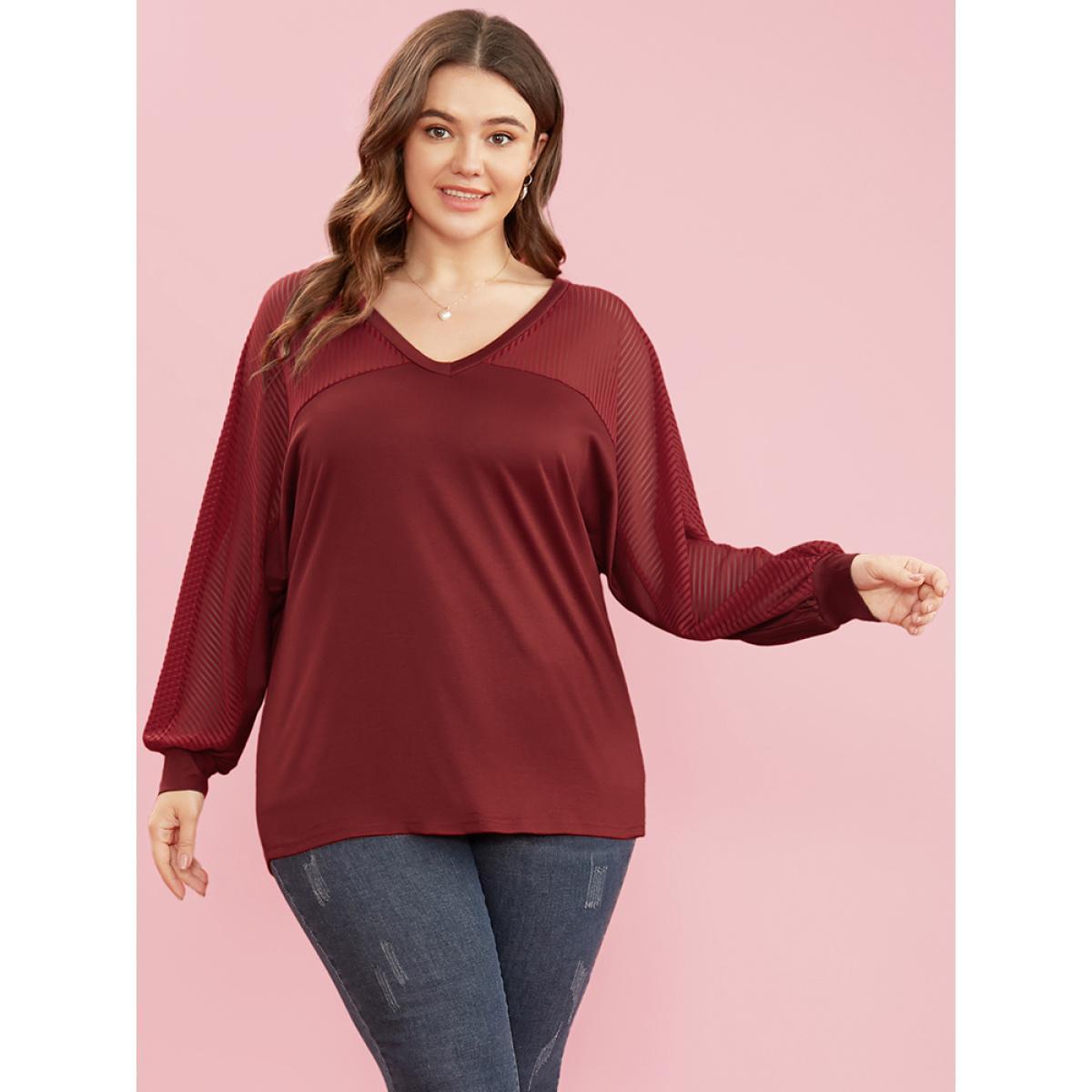 Plus Size Striped Mesh Patchwork Dolman Sleeve V Neck Long Tee Scarlet Women Elegant See through Plain Round Neck Dailywear T-shirts BloomChic 10/M Product Image