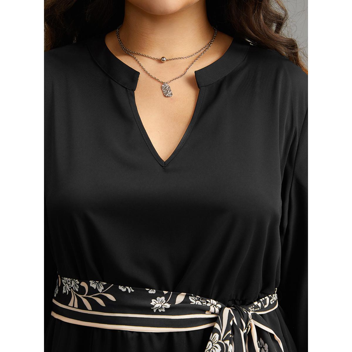 Plus Size Anti-Wrinkle Floral Print Belted Notched Dress Black Women At the Office Plain Notched collar Long Sleeve Curvy Knee Dress BloomChic 22-24/3X Product Image