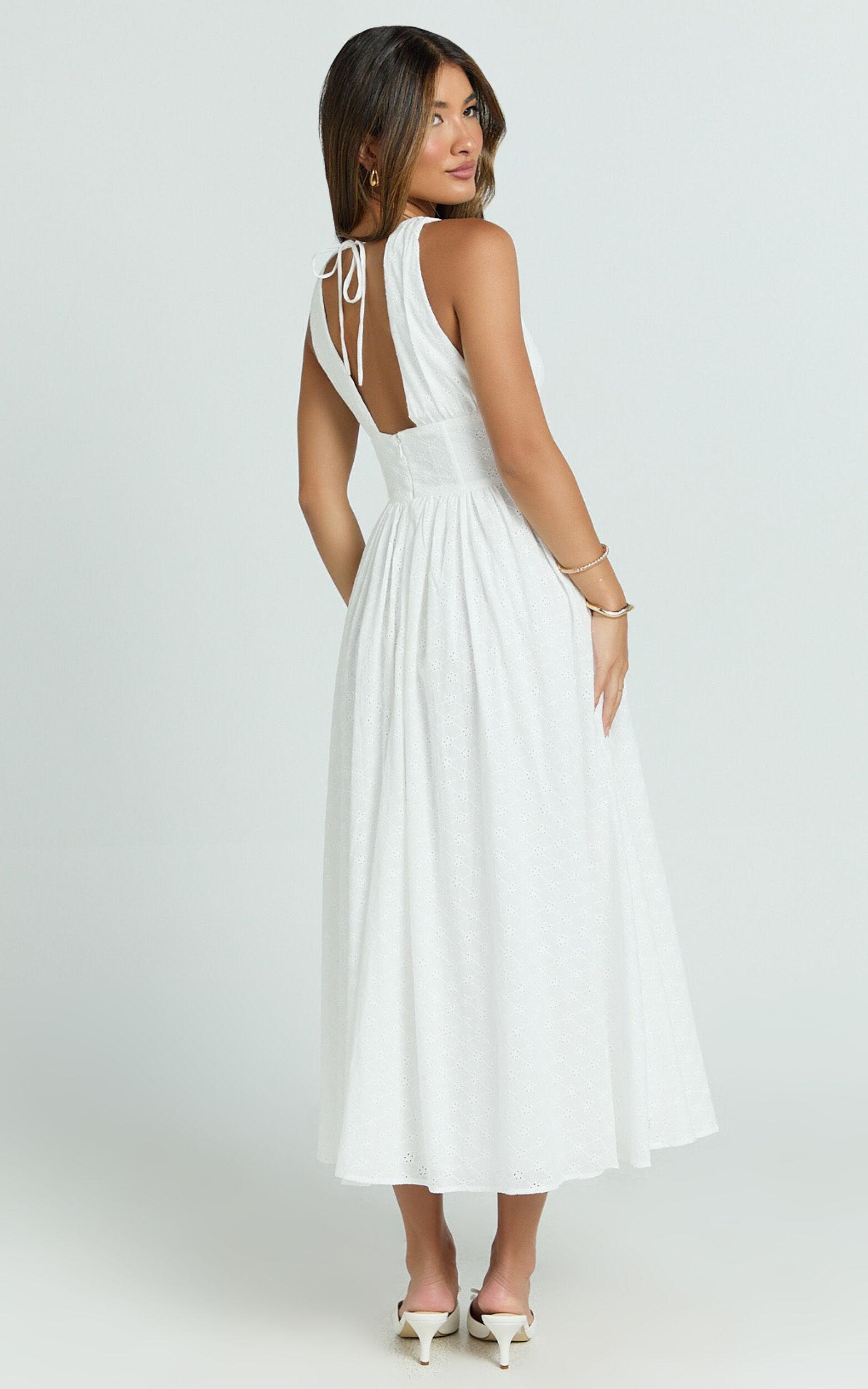 Lainey Midi Dress - Embroidered V Neck Corset Drop Waist Fit And Flare Dress in White Product Image