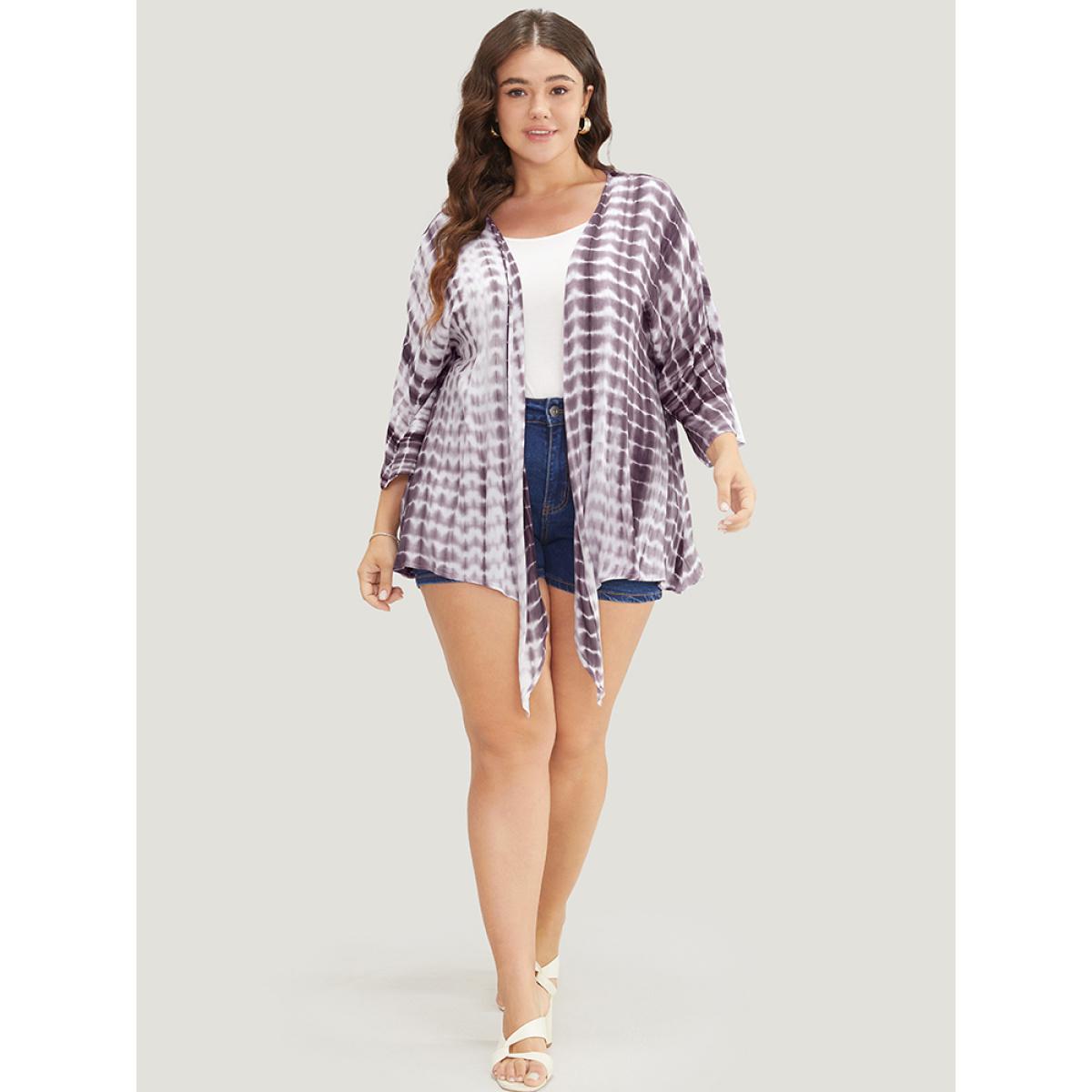 Plus Size Tie Dye Open Front Batwing Sleeve Knotted Hem Kimono Women Heather Vacation Tie Dye Loose Dailywear Kimonos BloomChic 12/L Product Image