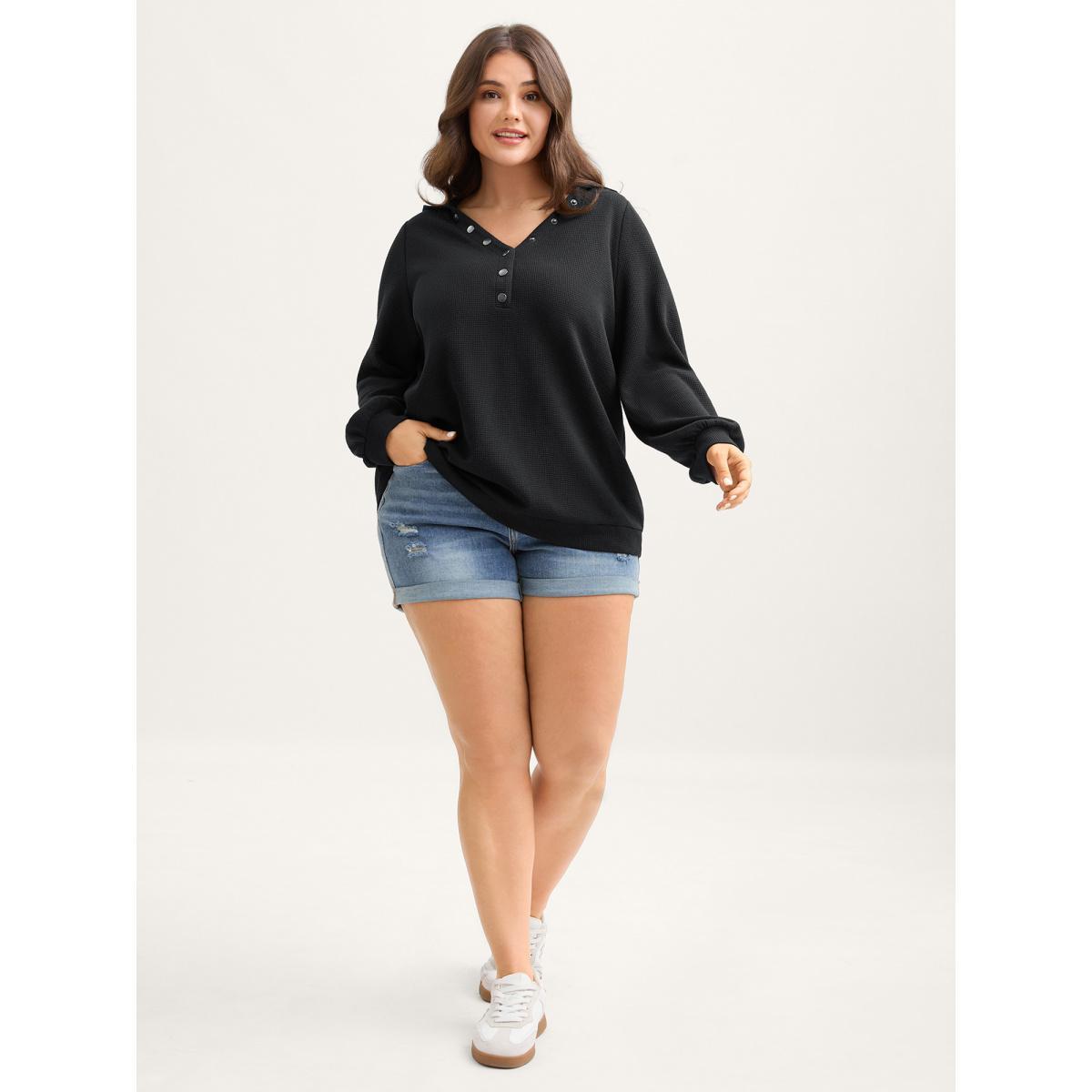 Plus Size Textured Snap Buttons Hooded Sweatshirt Women Black Texture Hooded Everyday-Casual Sweatshirts BloomChic 12/L Product Image