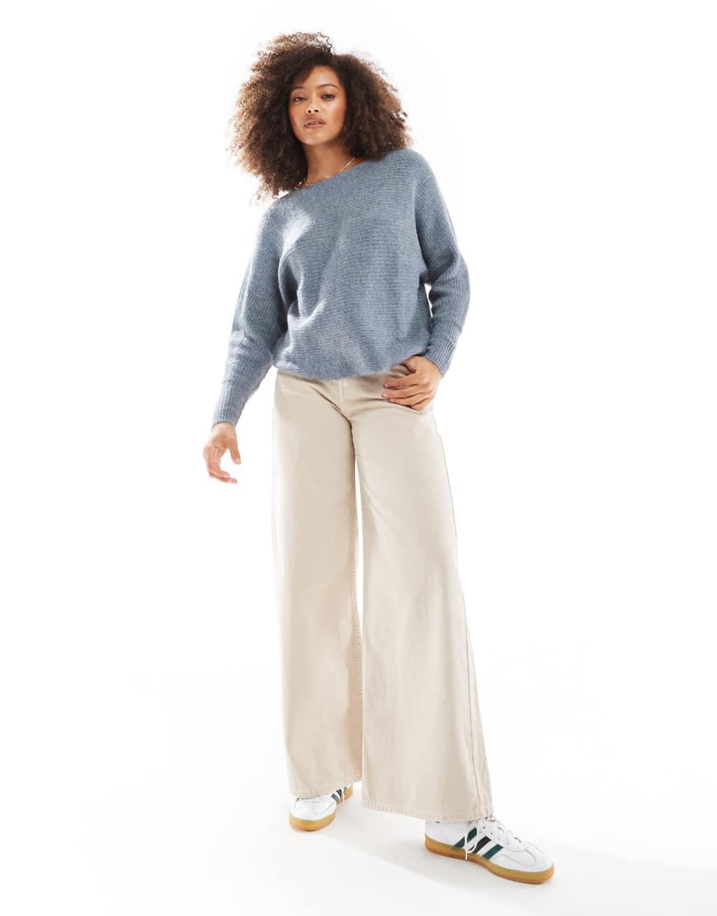 ONLY ribbed wide neck knitted sweater in light blue  Product Image