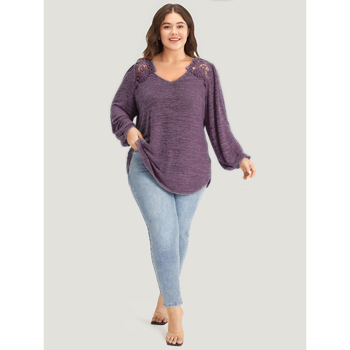 Plus Size Lace Insert Curved Hem Lantern Sleeve Sweatshirt Women Purple Elegant Elastic cuffs V-neck Dailywear Sweatshirts BloomChic 18-20/2X Product Image