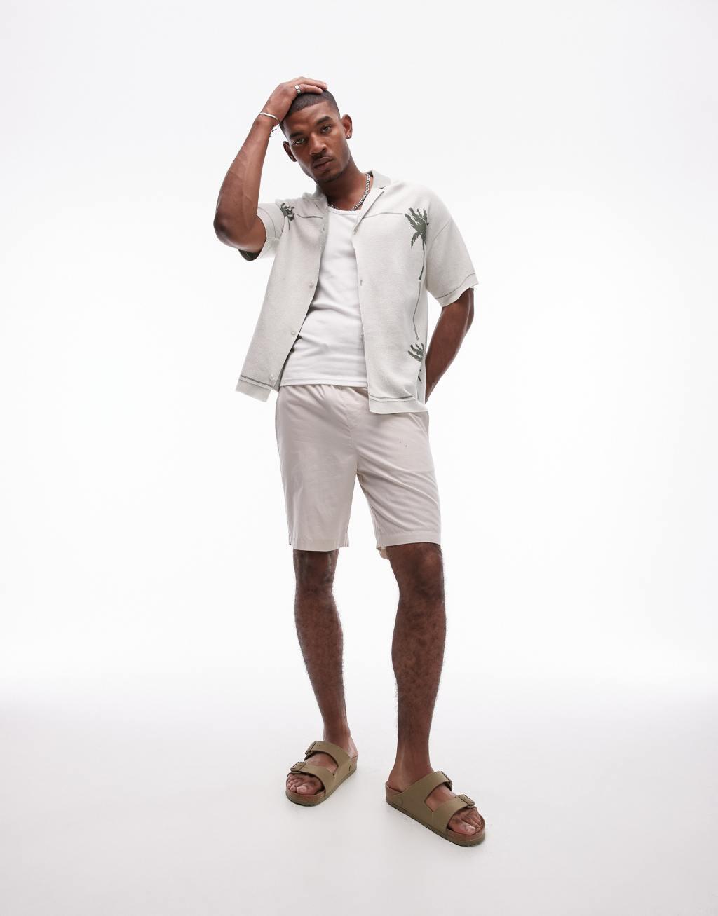 Topman knit camp collar polo with palm embroidery in white Product Image
