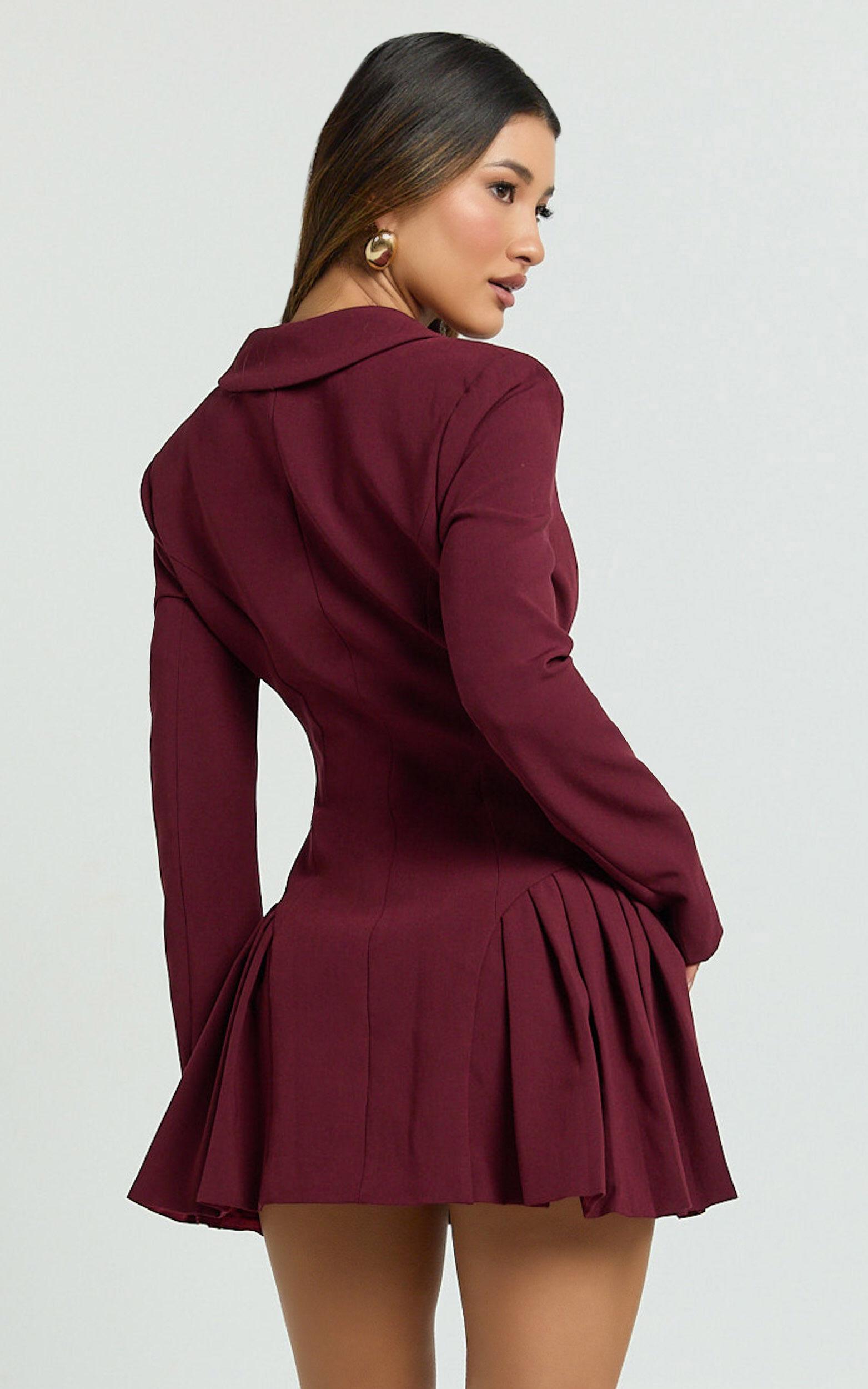 Bea Mini Dress - Collared Long Sleeve Fit And Flare Pleated Dress in Wine Product Image