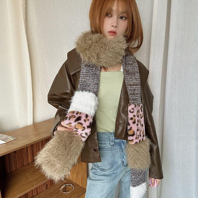 Leopard Print Chenille Panel Light Narrow Scarf Product Image