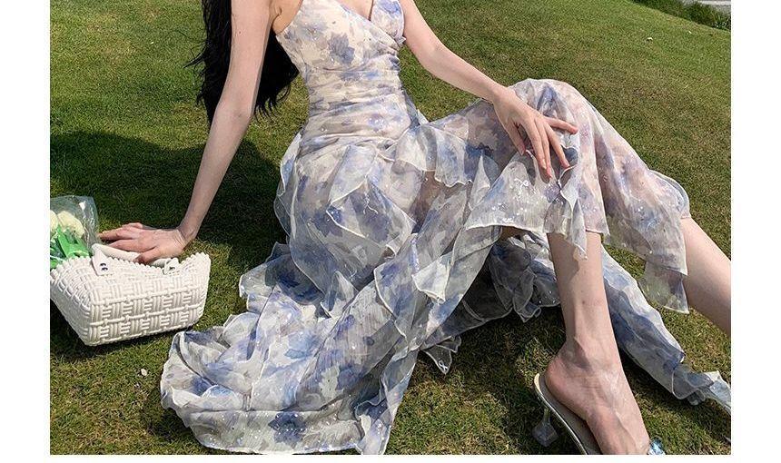 Spaghetti Strap Floral Slit Ruffle Trim Midi A-Line Sundress Product Image