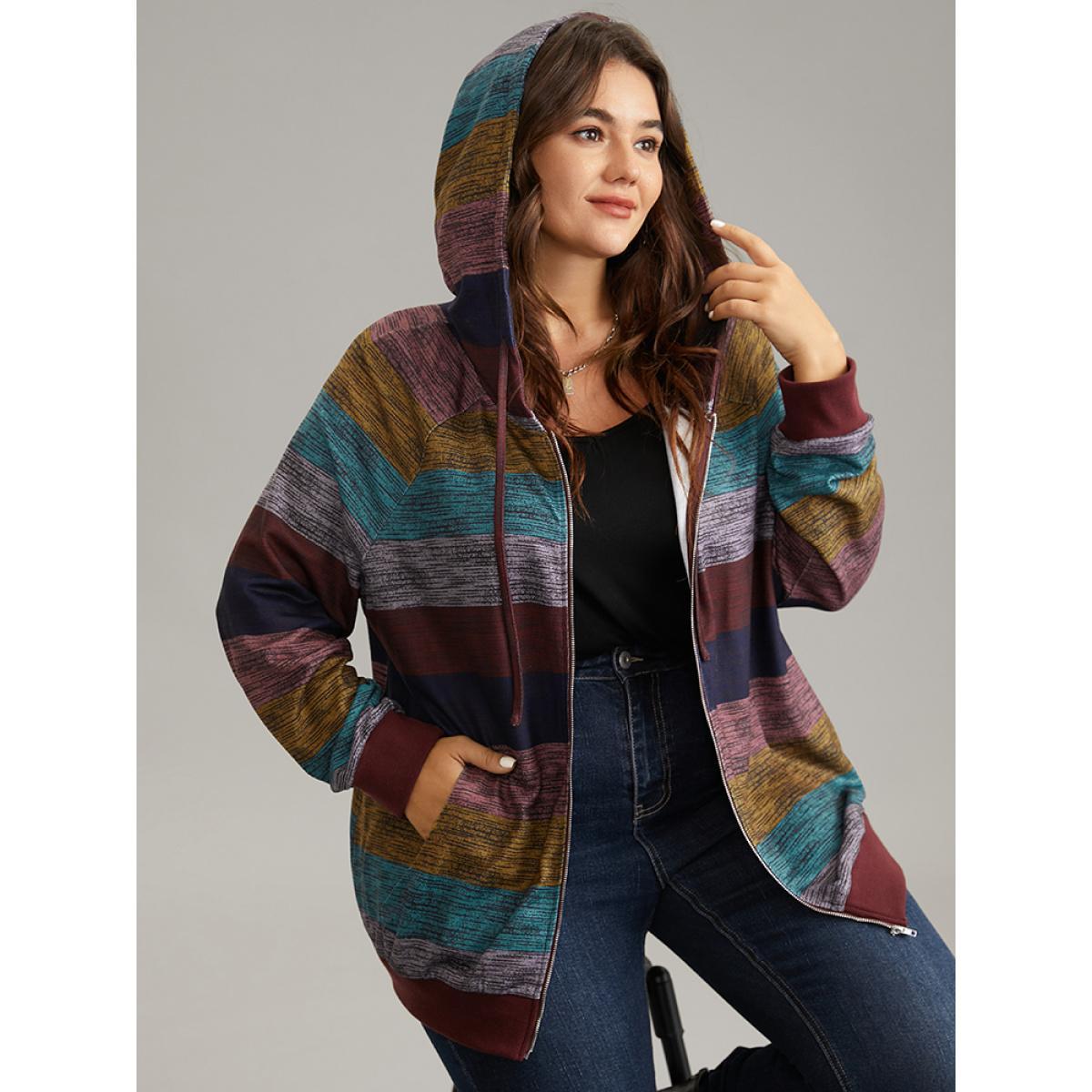 Plus Size Heather Colorblock Contrast Pocket Hooded Sweatshirt Women Multicolor Casual Rib Knit Hooded Everyday Sweatshirts BloomChic 22-24/3X Product Image