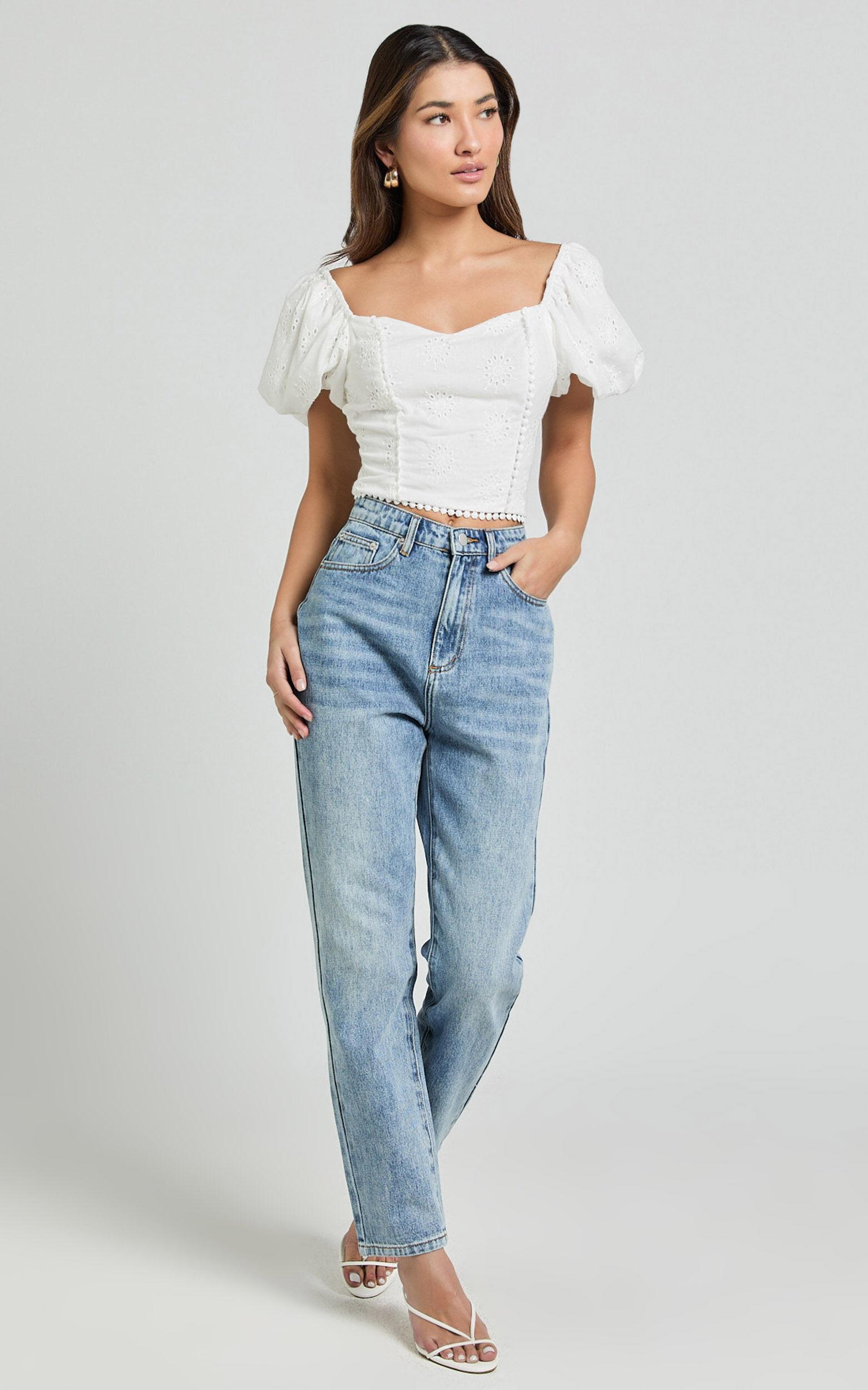 Pixie Top - Sweetheart Puff Sleeve Embroidery Top in White Product Image