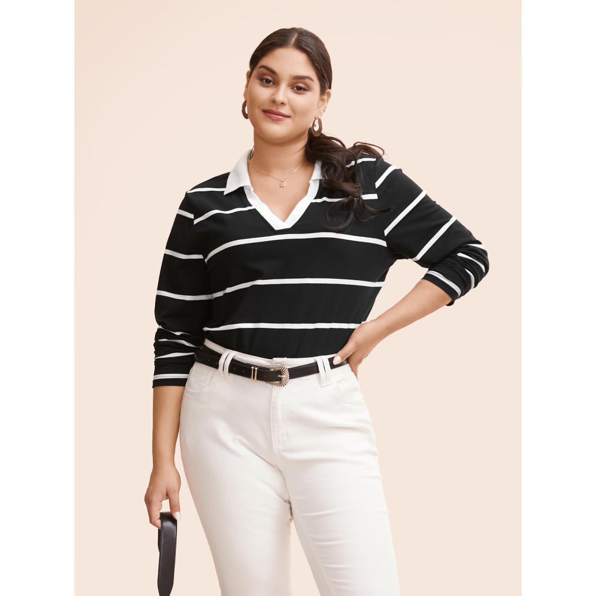 Plus Size Striped Contrast Collared V Neck T-shirt Black Women At the Office Contrast Polo Work T-shirts BloomChic 22-24/3X Product Image