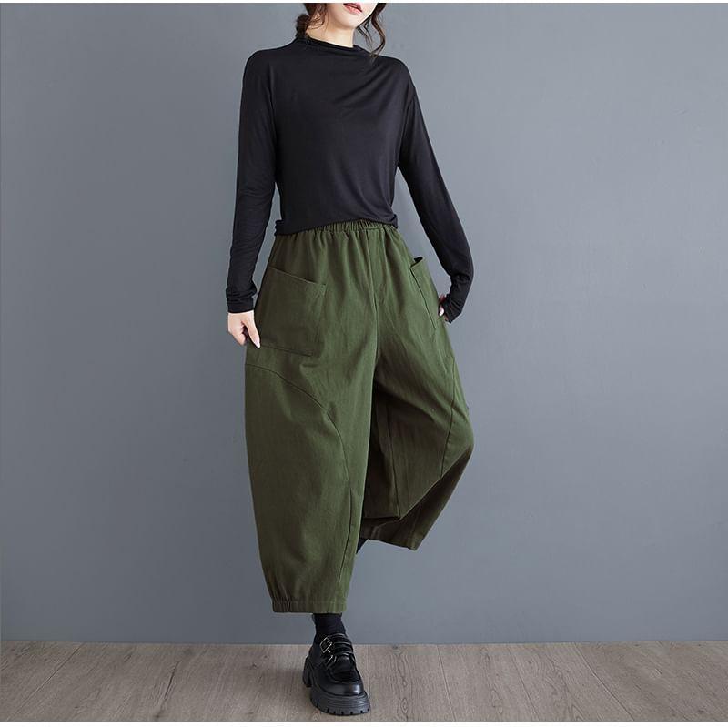 Elastic Waist Plain Cropped Baggy Pants Product Image