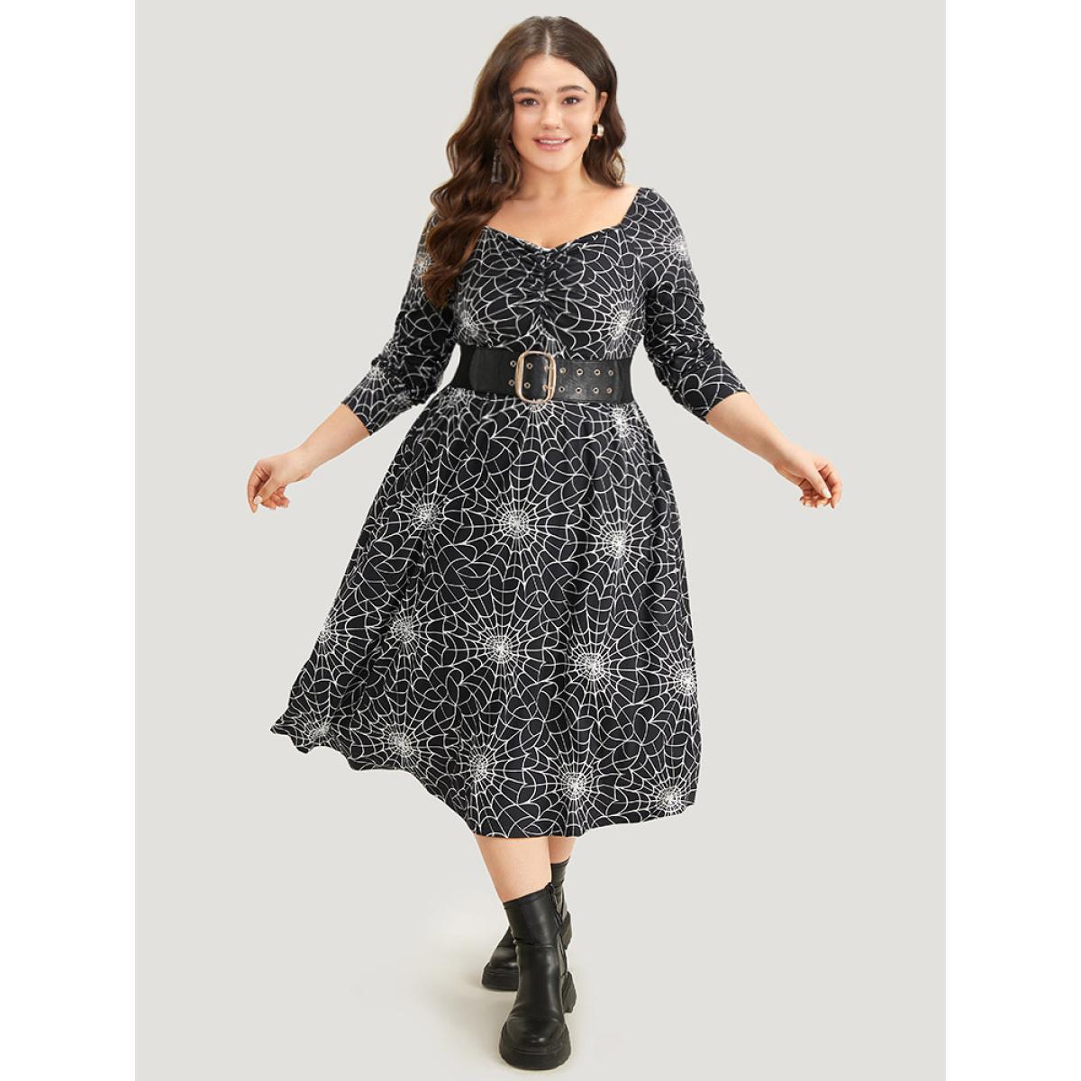 Plus Size Halloween Spider Web Pocket Square Neck Dress Black Women Casual Gathered Square Neck Long Sleeve Curvy Midi Dress BloomChic 18-20/2X Product Image