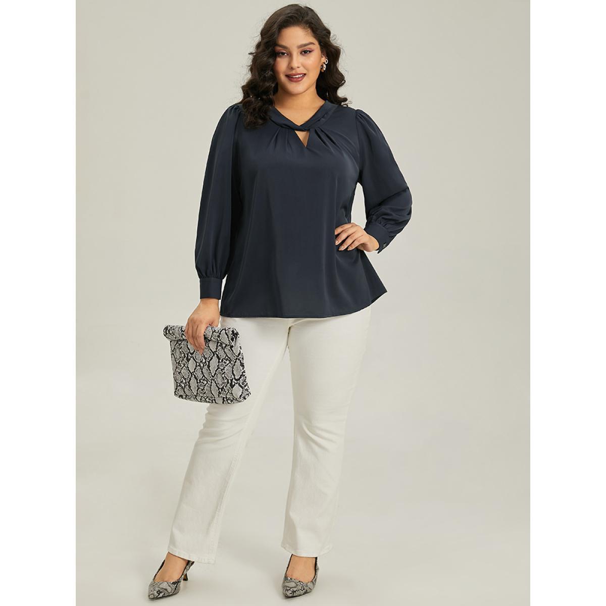 Plus Size Midnight Plain Twist Neck Keyhole Lantern Sleeve Blouse Women Office Long Sleeve Round Neck Work Blouses BloomChic 18-20/2X Product Image