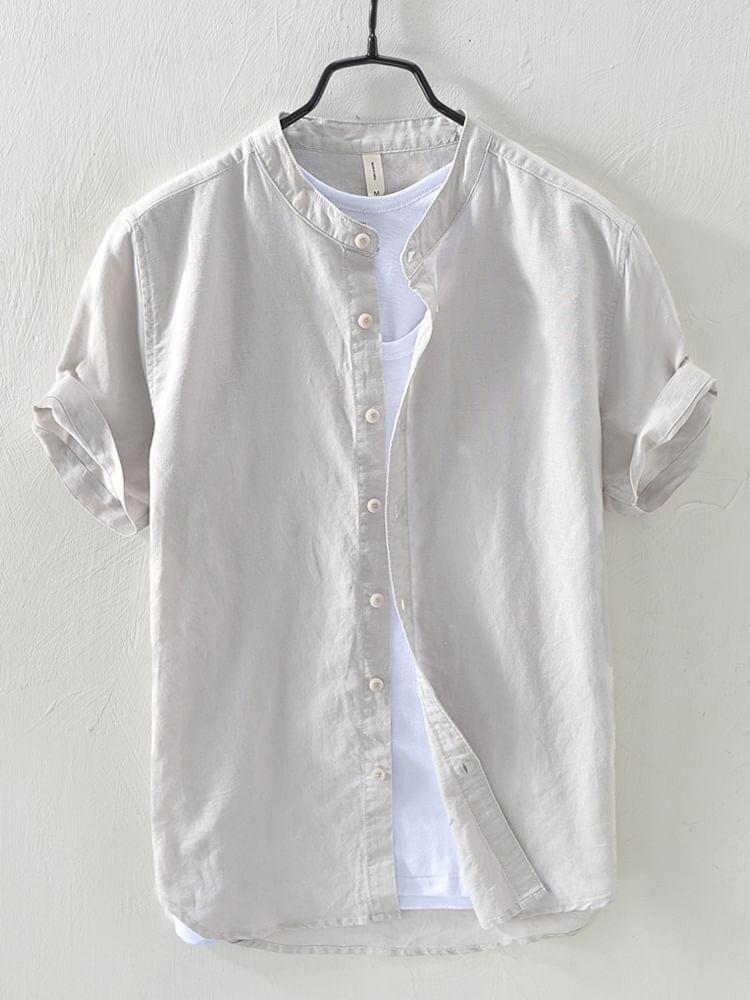 Short-Sleeve Band Collar Plain Shirt Product Image